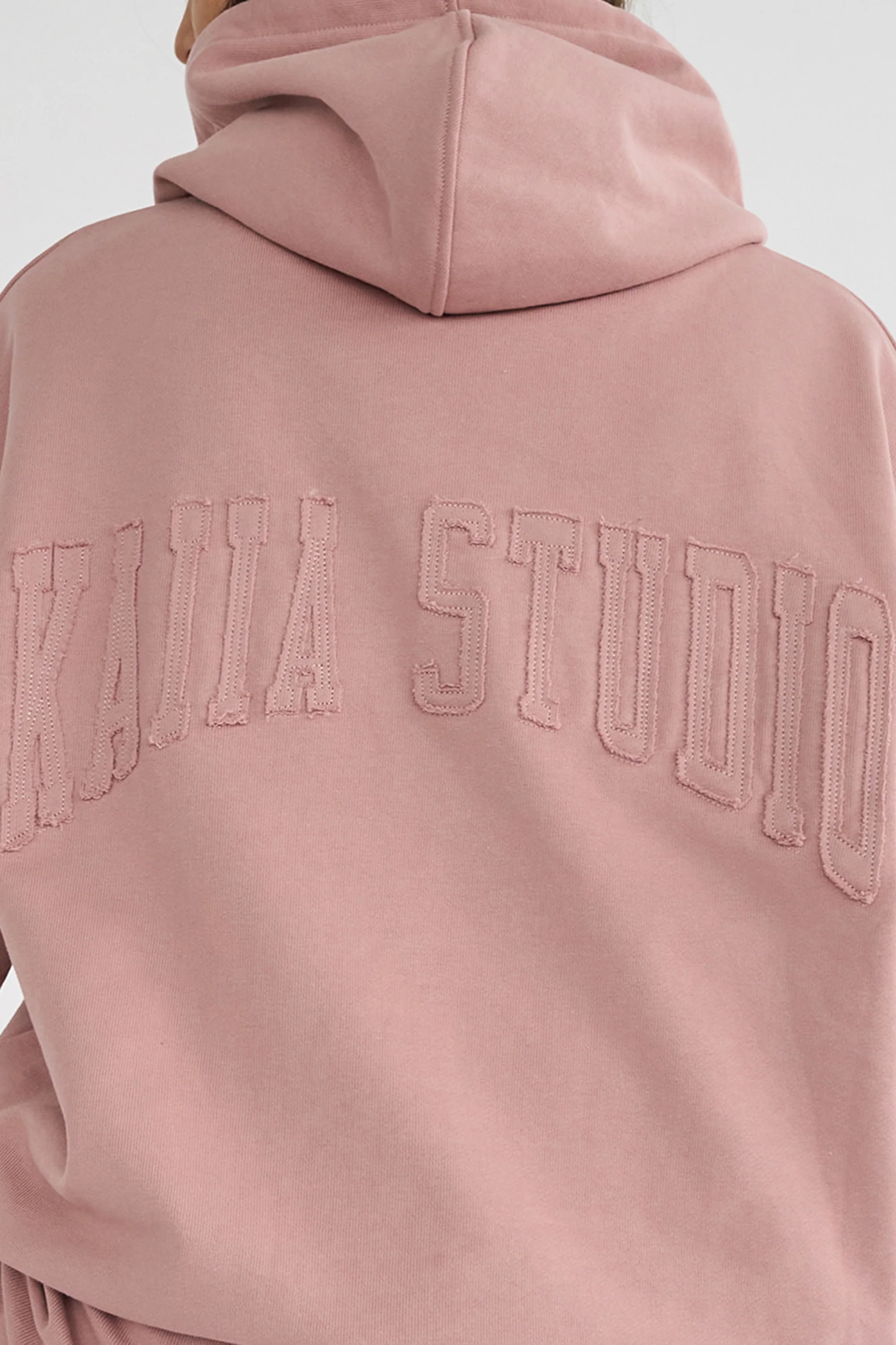 Kaiia Studio Back Distressed Applique Logo Hoodie Blush - Image 3