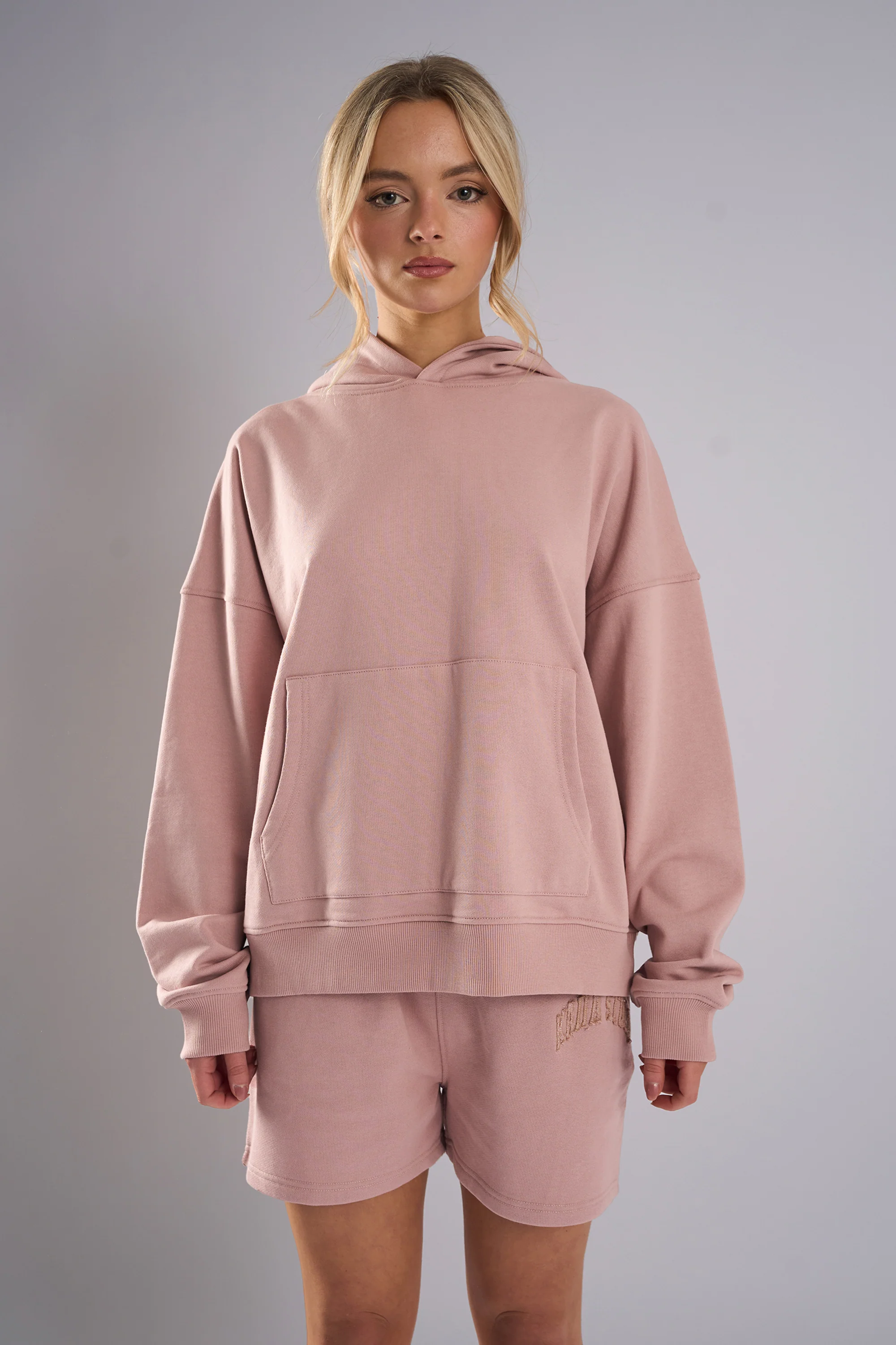 Kaiia Studio Back Distressed Applique Logo Hoodie Blush - Image 5