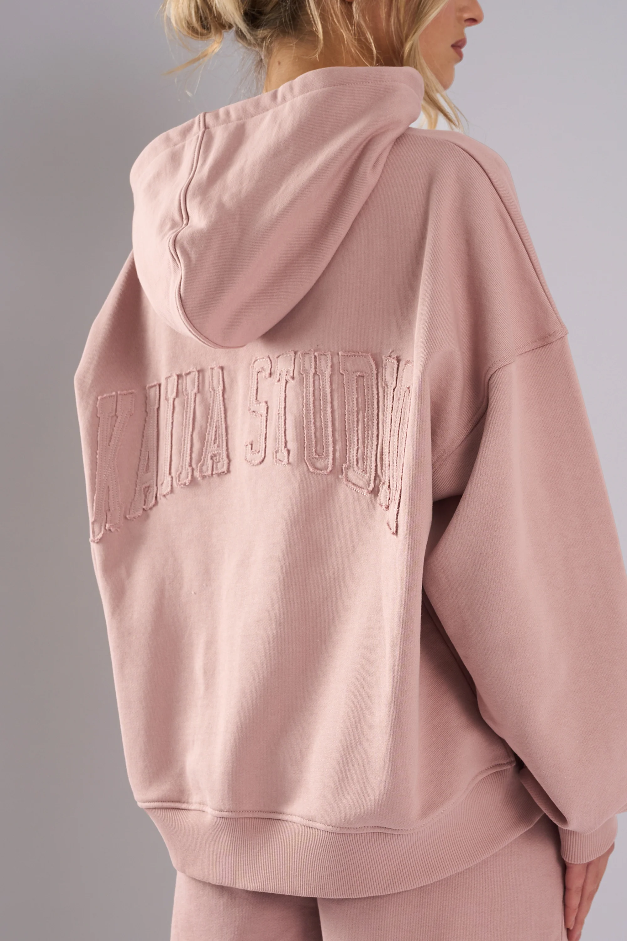 Kaiia Studio Back Distressed Applique Logo Hoodie Blush - Image 6
