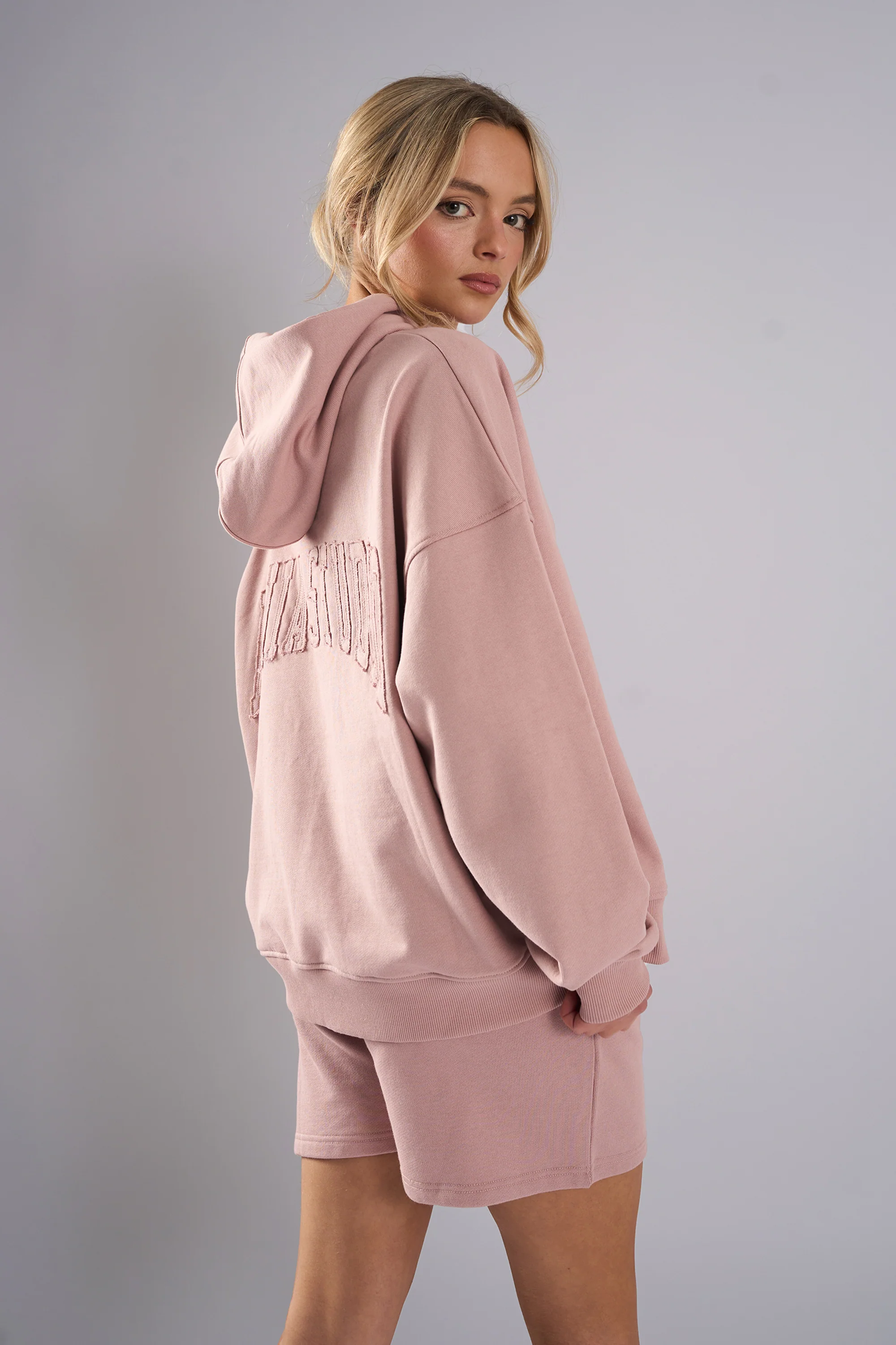 Kaiia Studio Back Distressed Applique Logo Hoodie Blush - Image 7