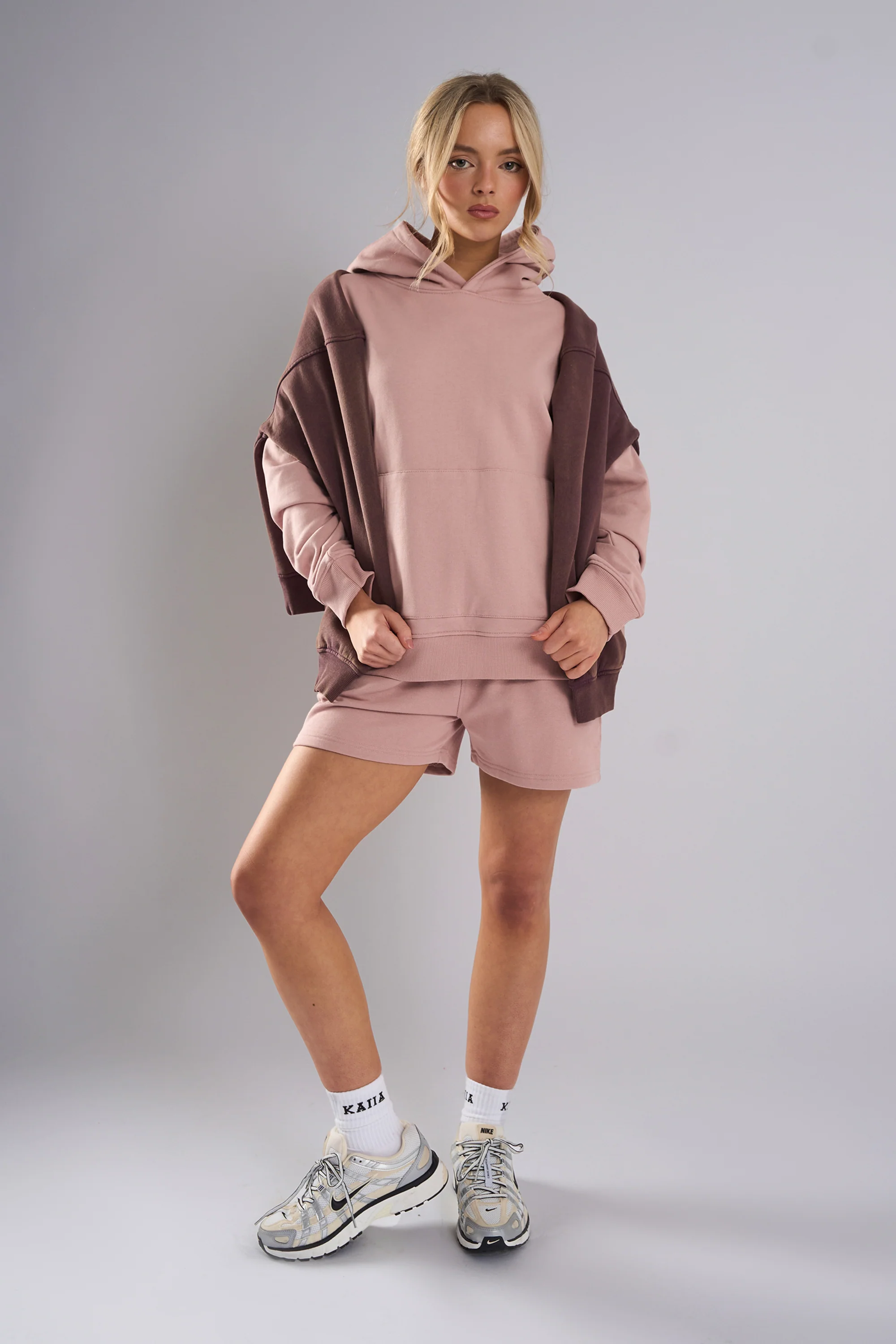 Kaiia Studio Back Distressed Applique Logo Hoodie Blush - Image 8