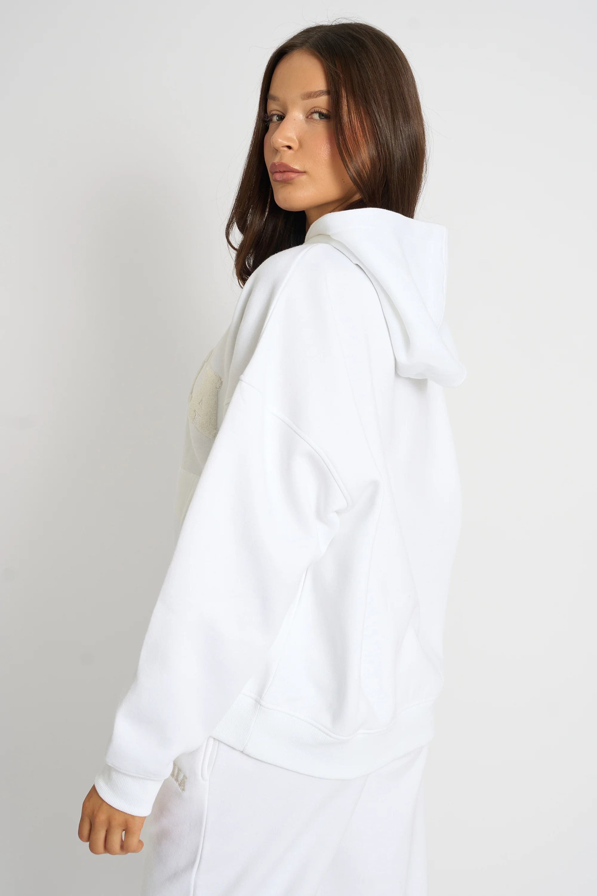 Kaiia Borg Slogan Oversized Hoodie Cream - Image 2