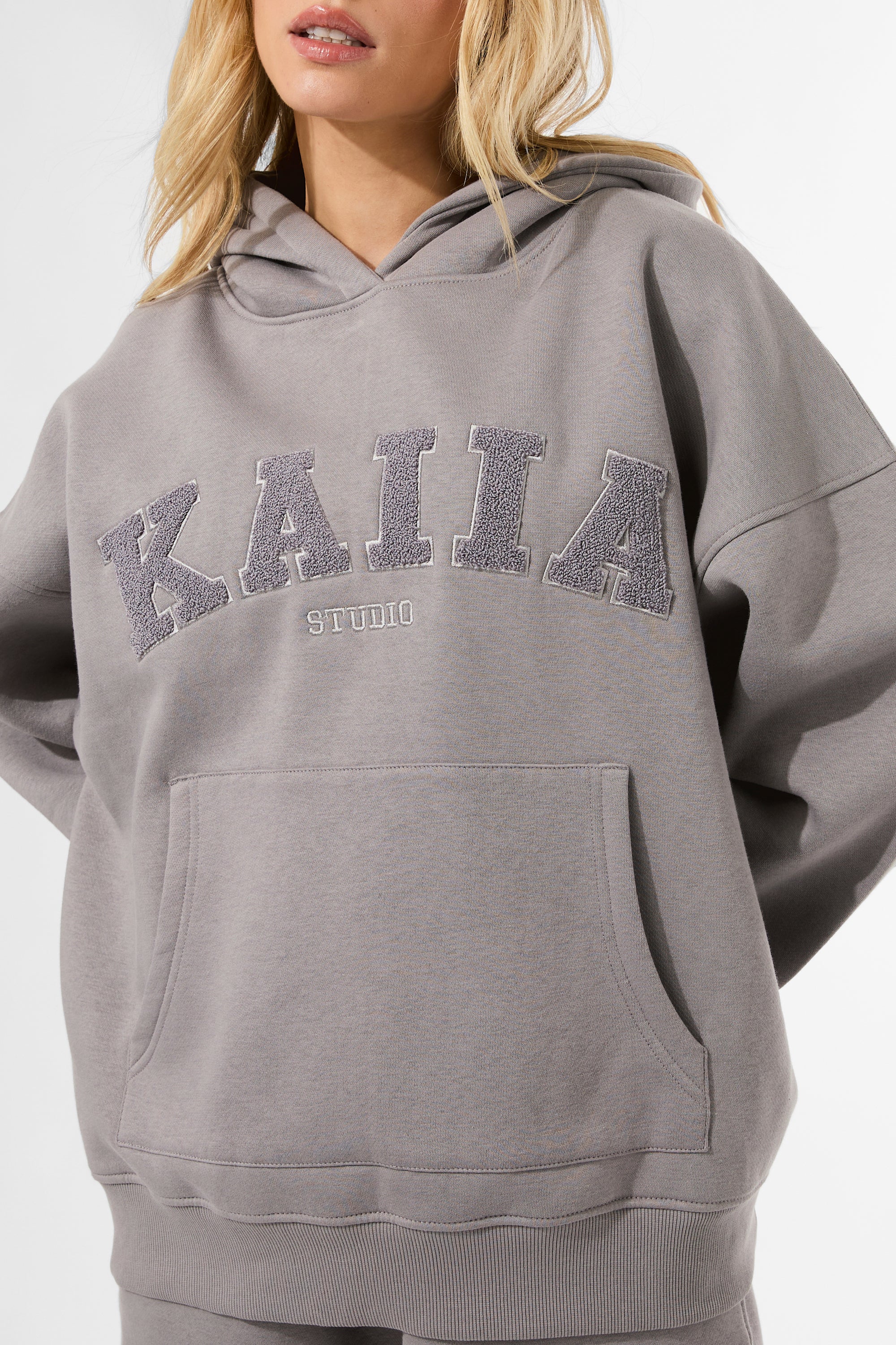 Kaiia Studio Borg Slogan Oversized Hoodie Dove Grey - Image 4