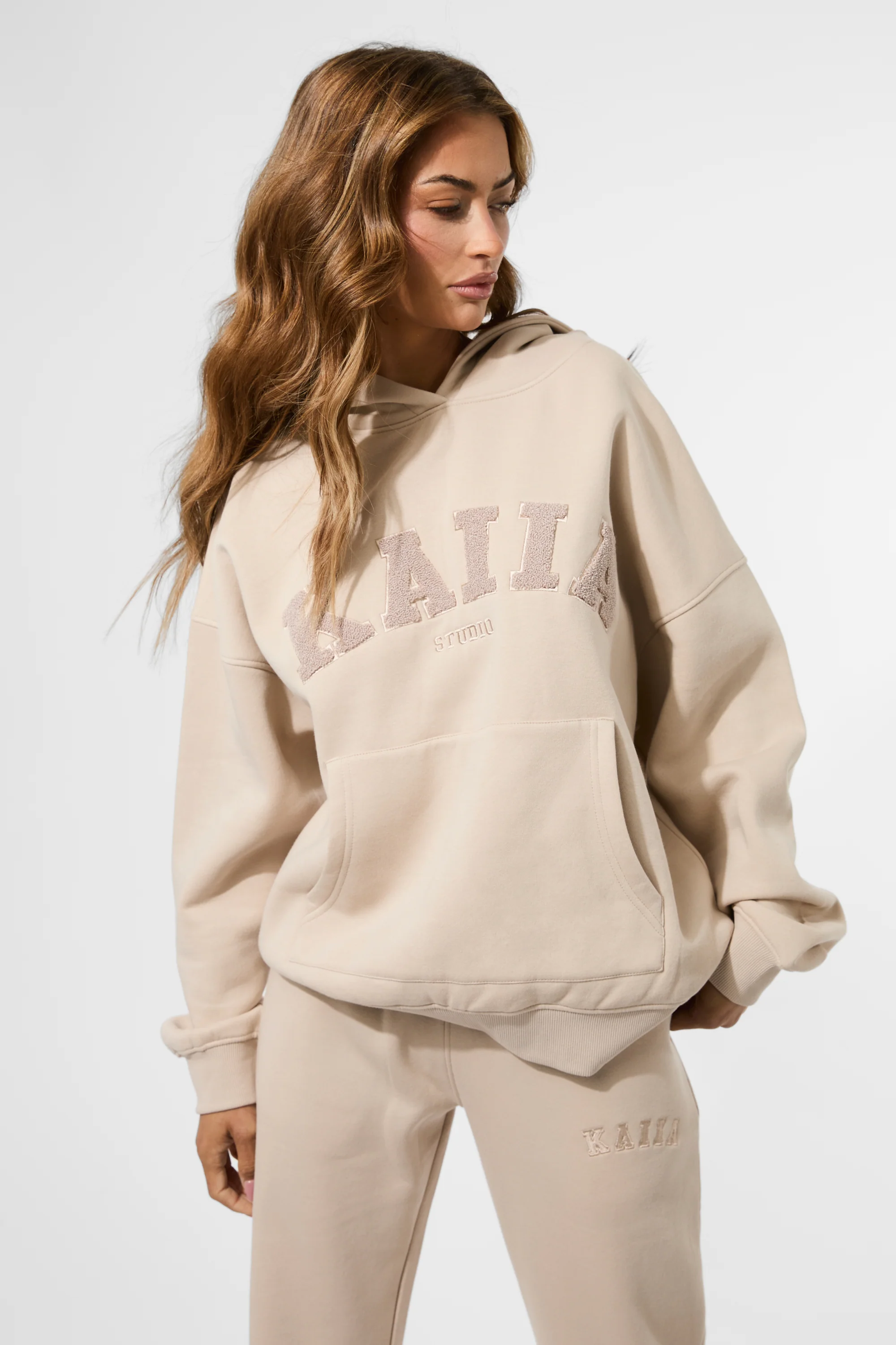 Kaiia Studio Borg Slogan Oversized Hoodie Truffle - Image 3