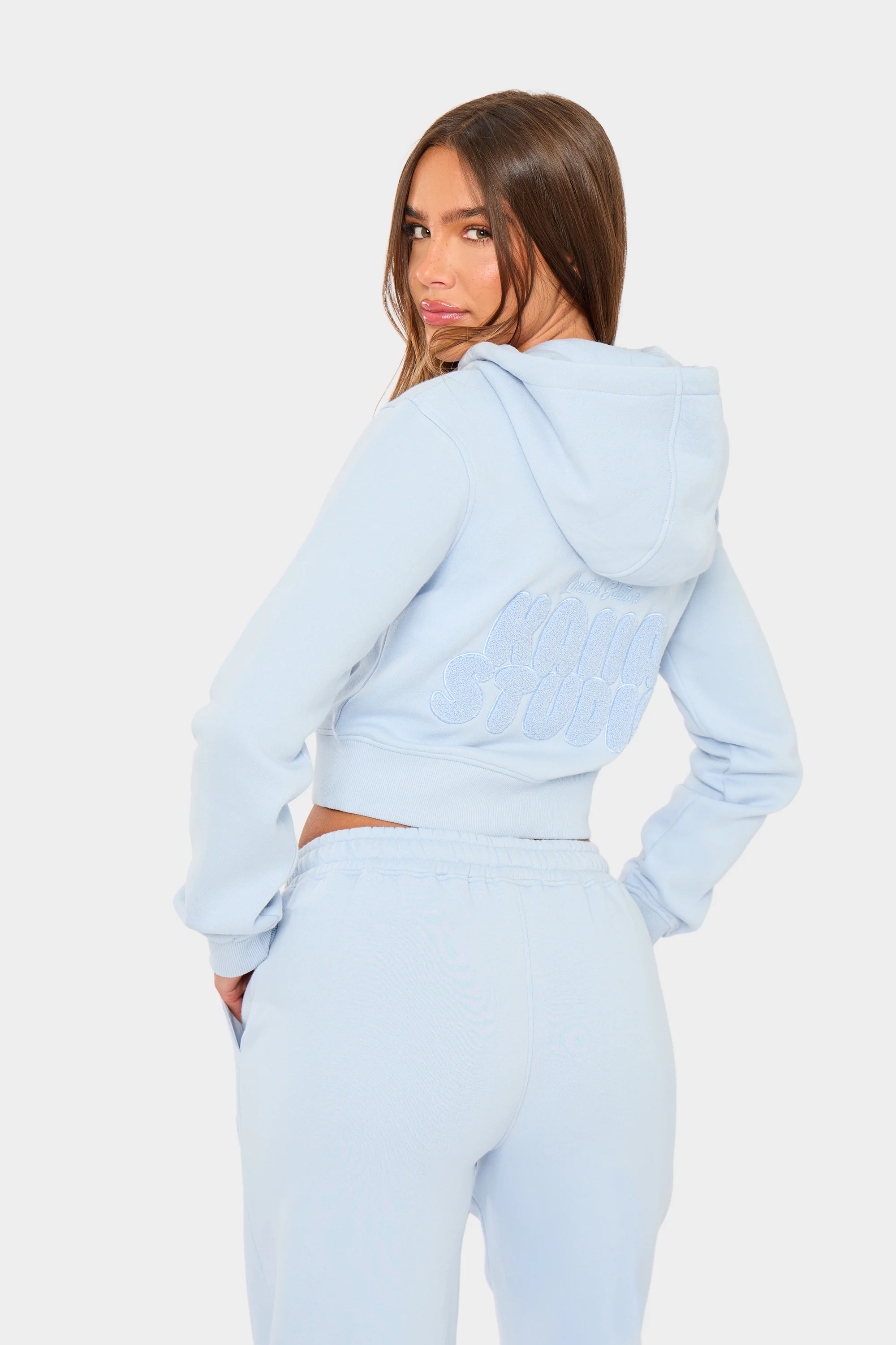 Kaiia Studio Bubble Borg Fitted Zip Through Cropped Hoodie Baby Blue - Image 6