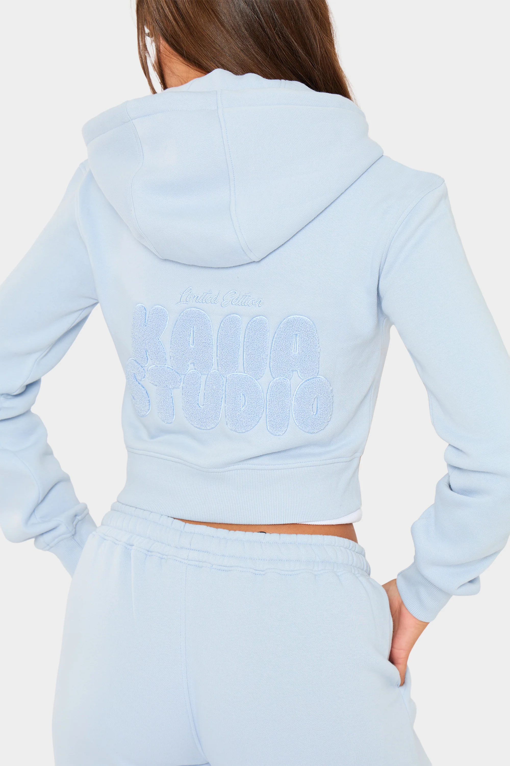 Kaiia Studio Bubble Borg Fitted Zip Through Cropped Hoodie Baby Blue - Image 8