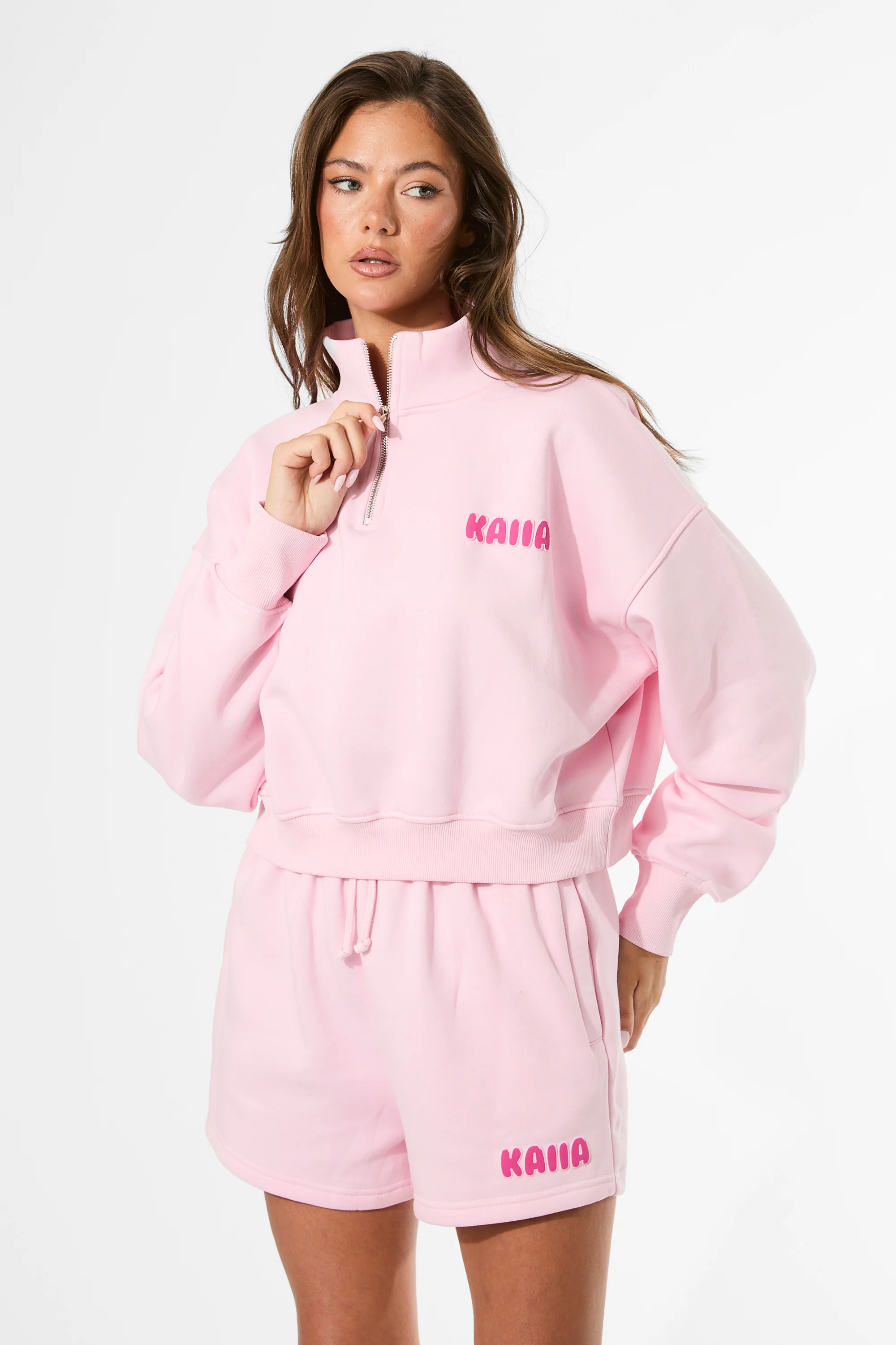 Kaiia Studio Bubble Graphic Quarter Zip Sweatshirt Baby Pink & Hot Pink - Image 8