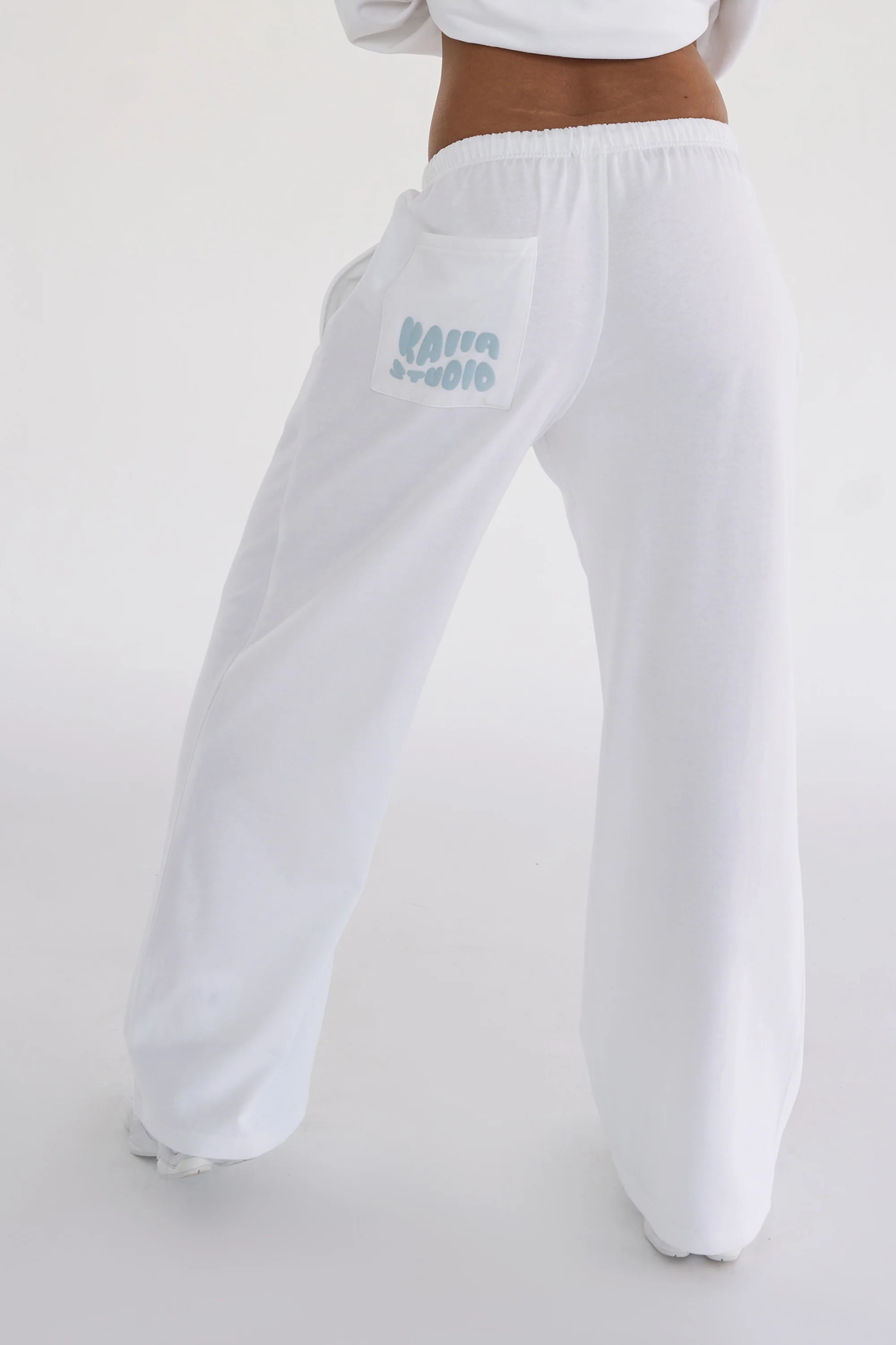 Kaiia Studio Bubble Logo Pocket Wide Leg Sweat Pants White & Blue - Image 4
