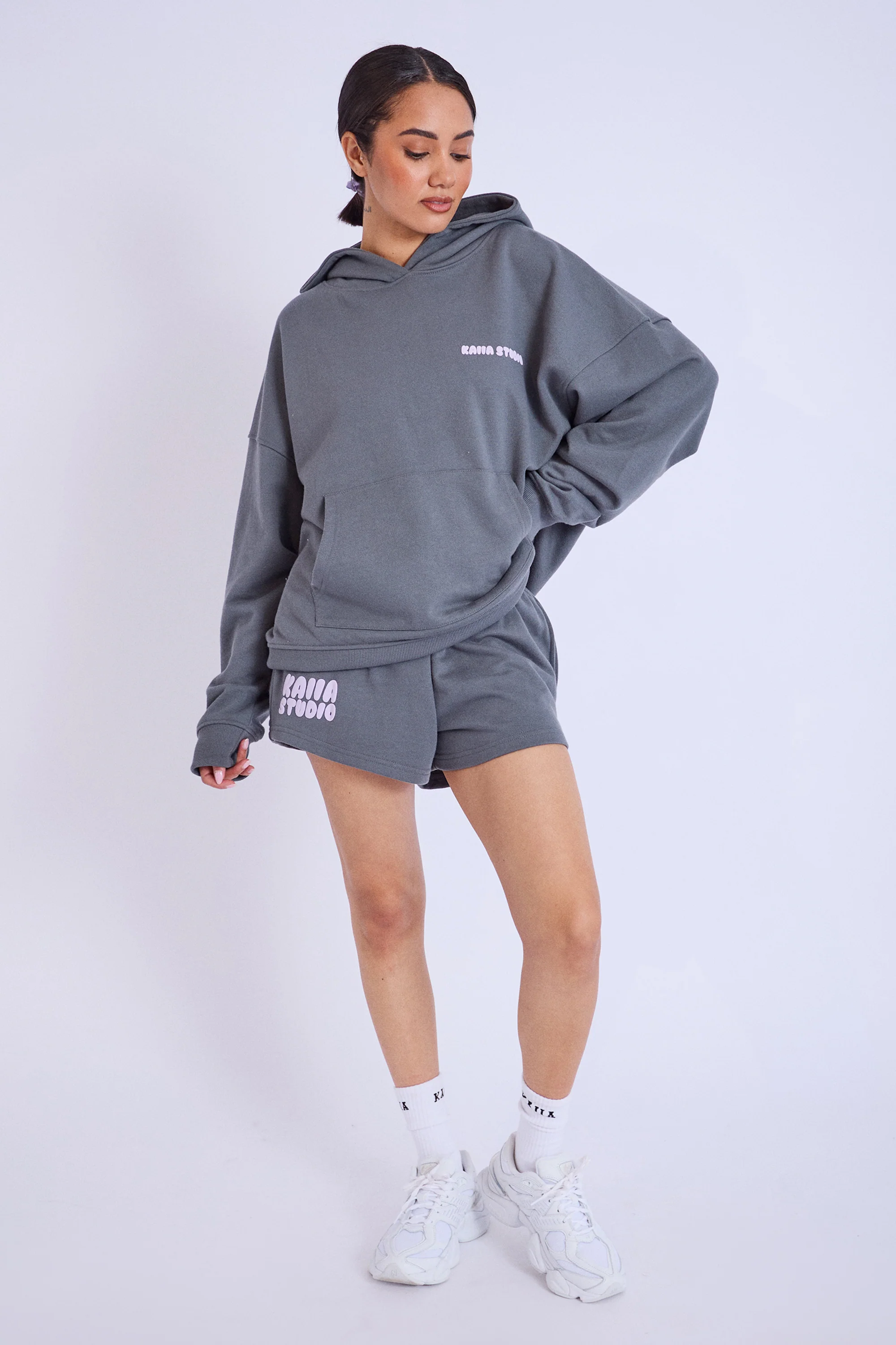 Kaiia Studio Bubble Logo Sweat Shorts Dark Grey & Lilac - Image 3