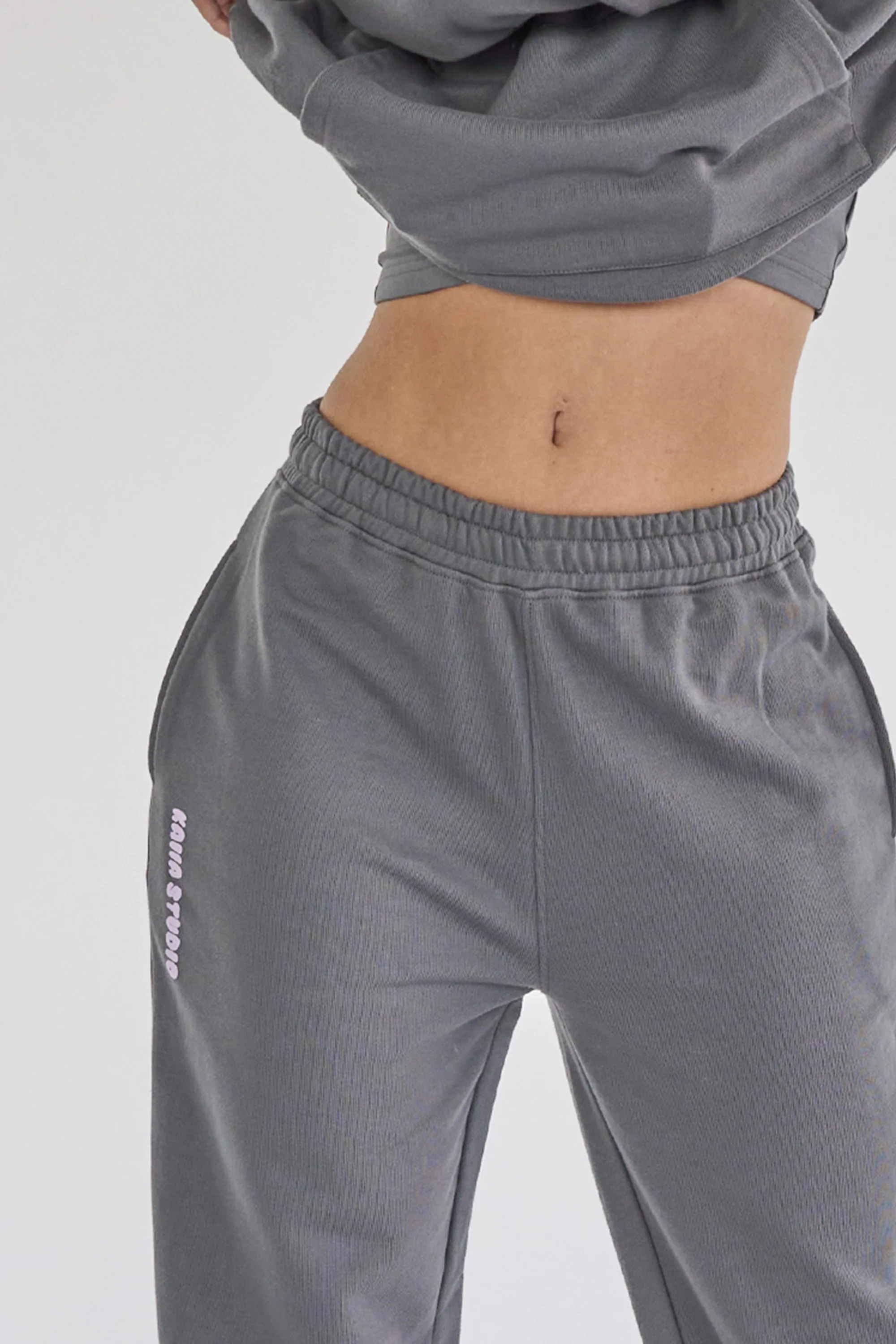 Kaiia Studio Bubble Logo Wide Leg Sweat Pants Dark Grey & Lilac - Image 2