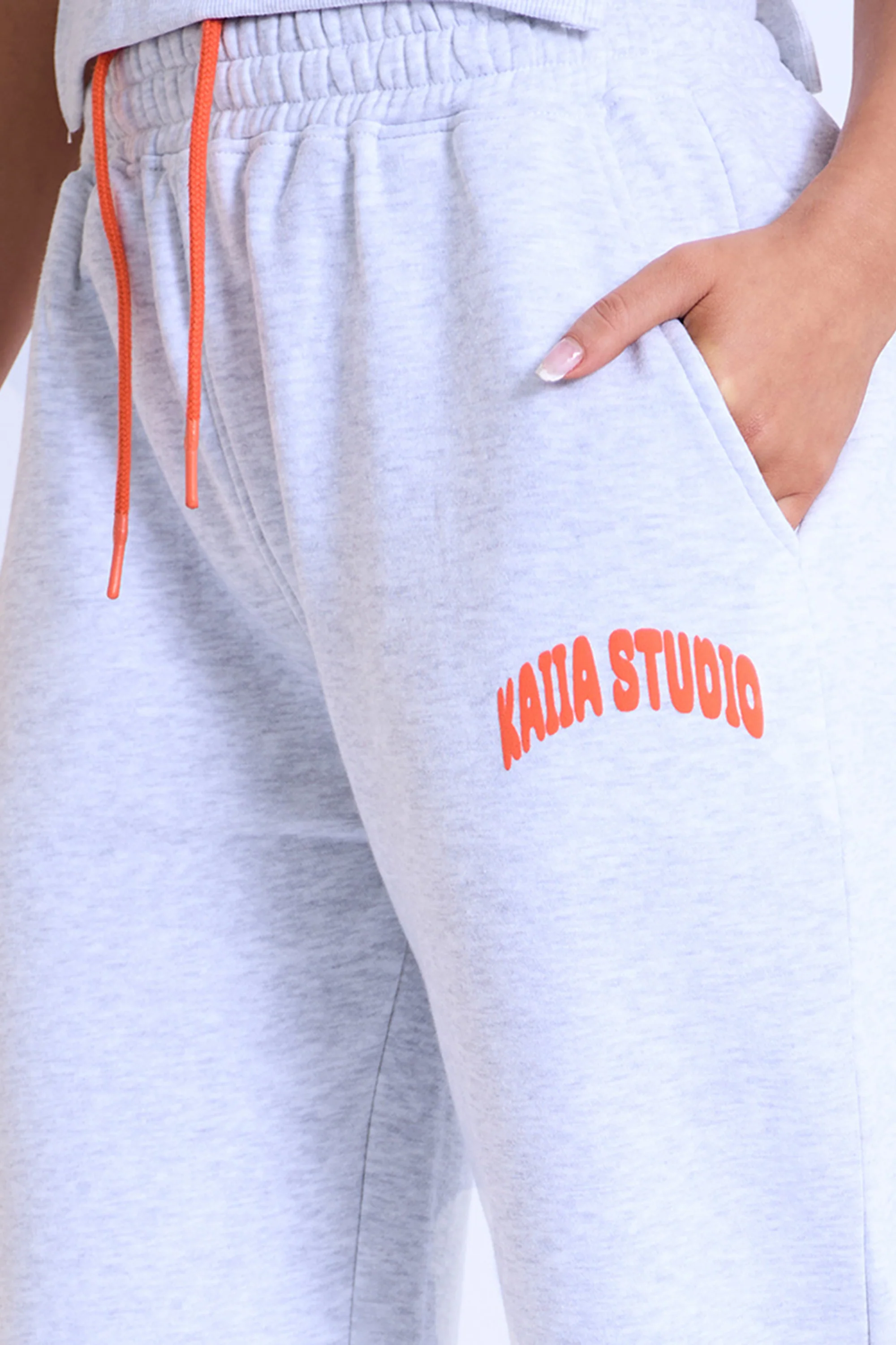 Kaiia Studio Bubble Logo Wide Leg Sweat Pants Light Grey Marl & Orange - Image 4