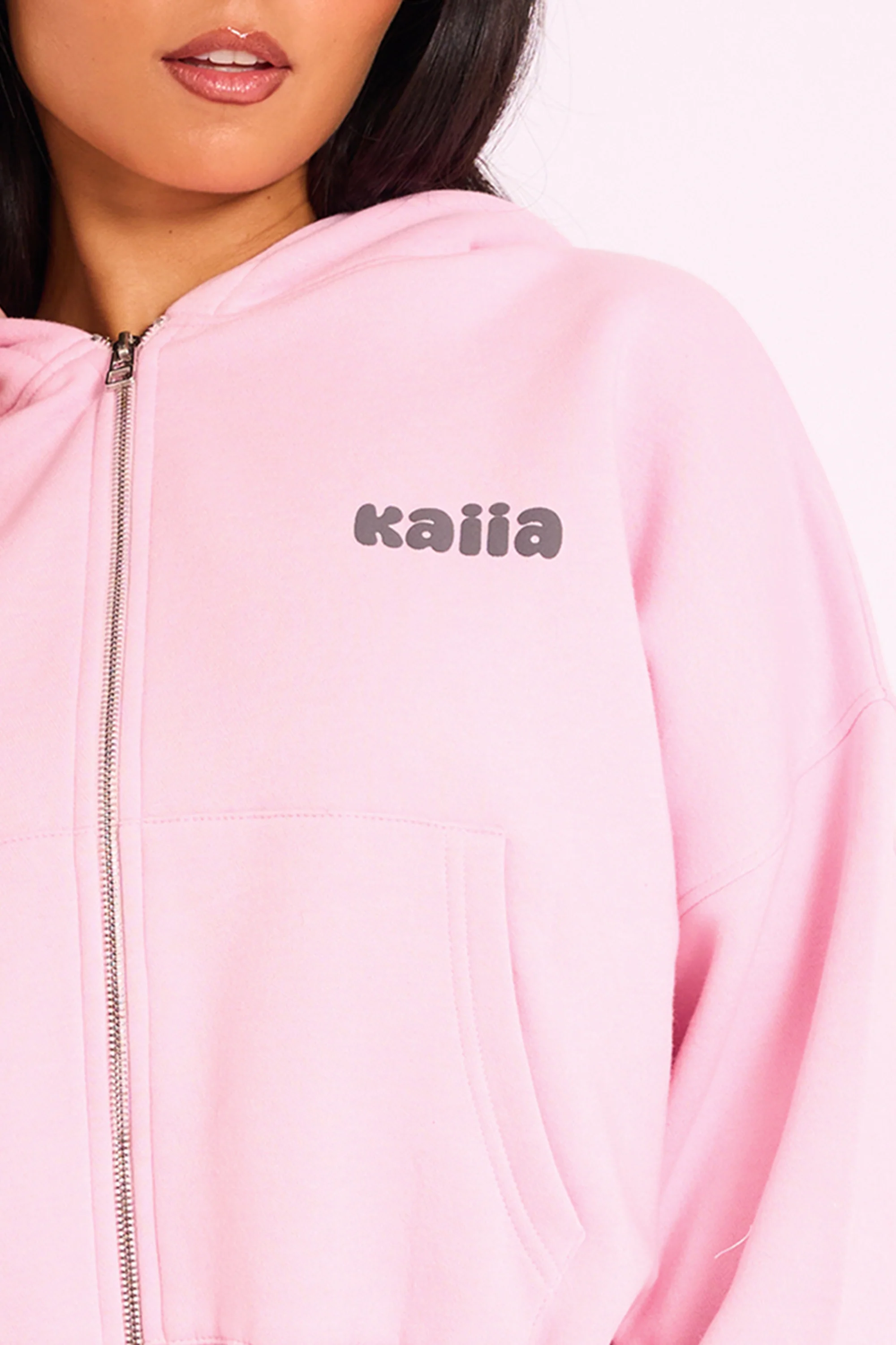 Kaiia Studio Bubble Logo Zip Through Crop Hoodie Pink - Image 4
