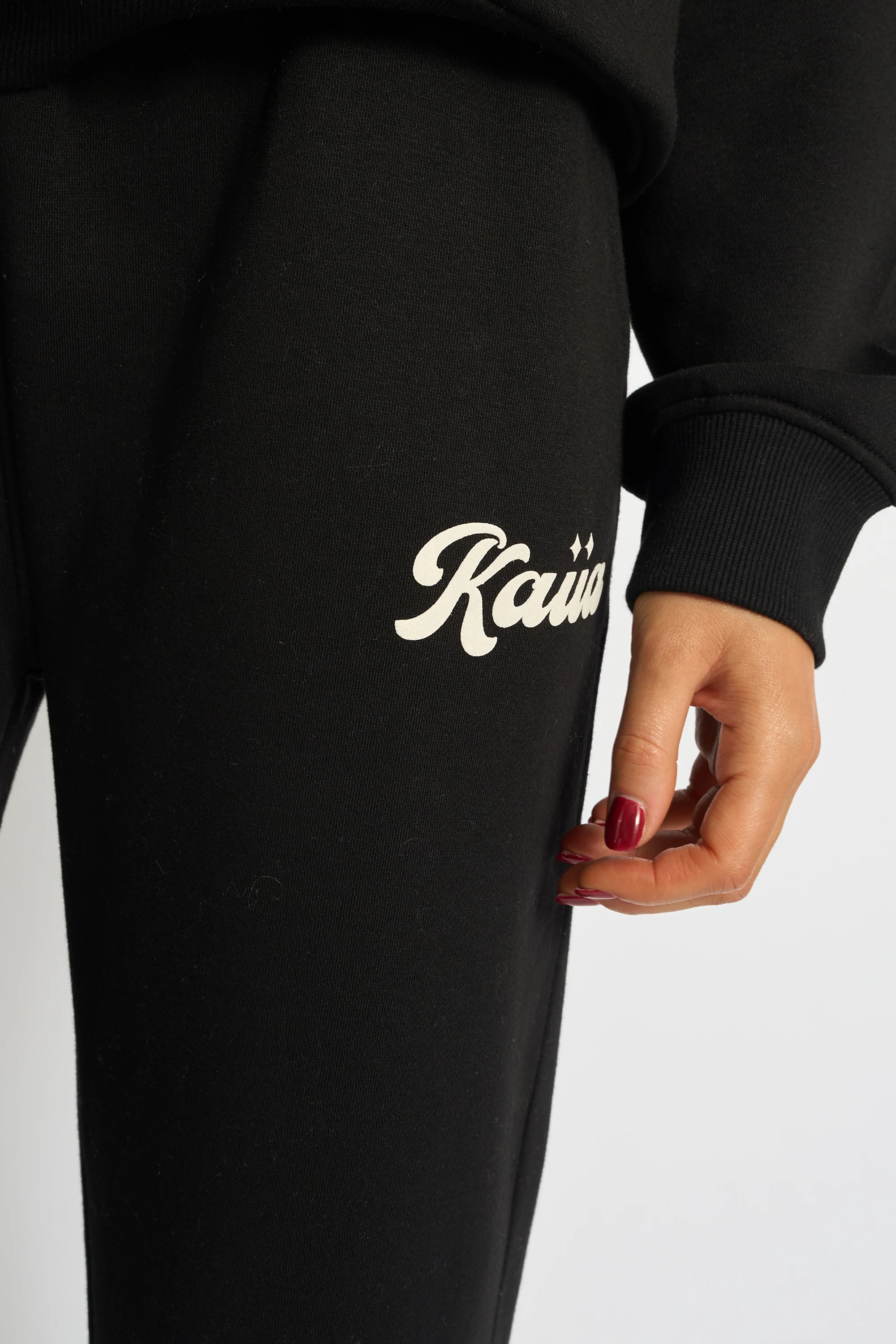 Kaiia Bubble Script Bow Detail Wide Leg Joggers Black & Cream - Image 4