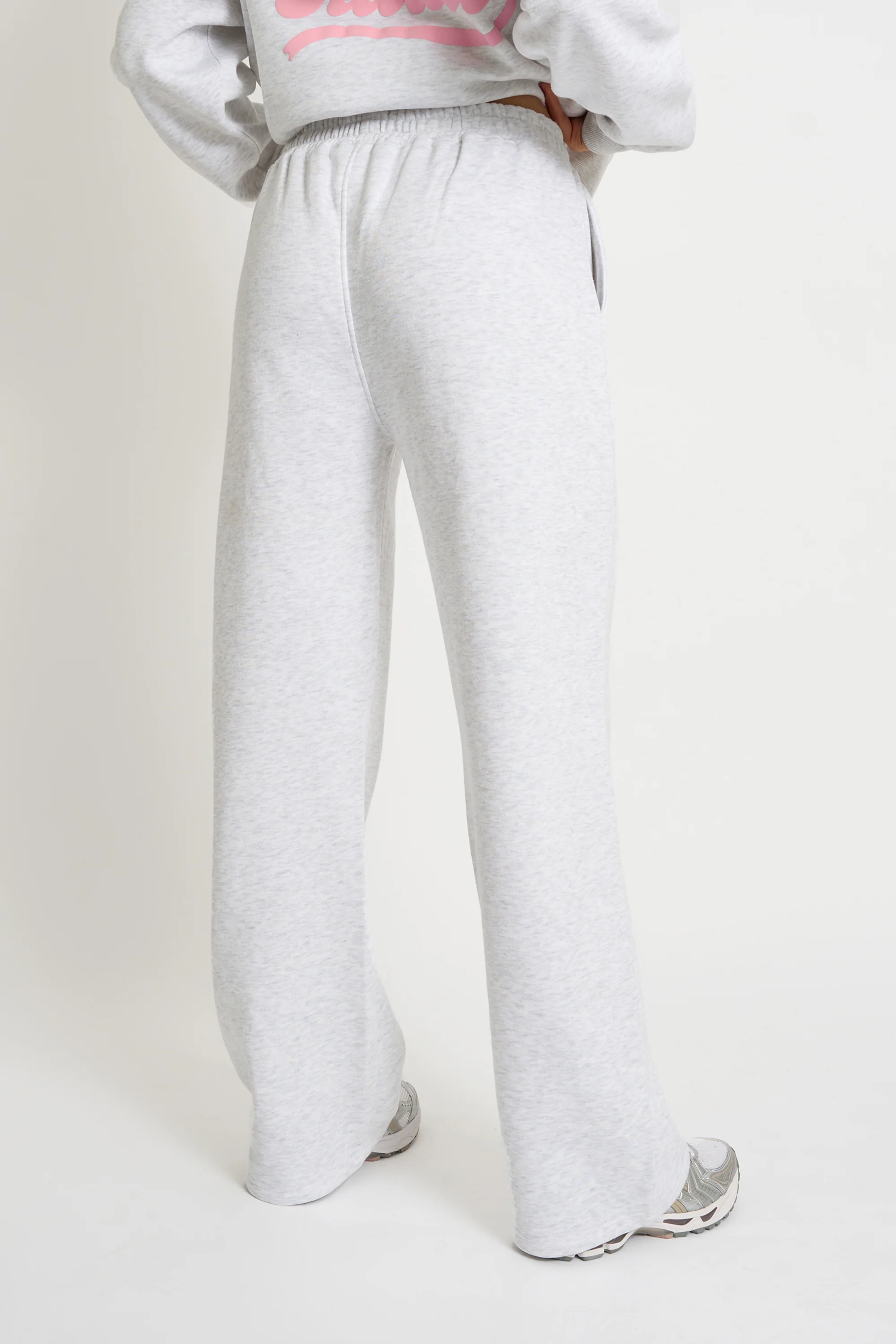 Kaiia Bubble Script Bow Detail Wide Leg Joggers Grey Marl & Pink - Image 3
