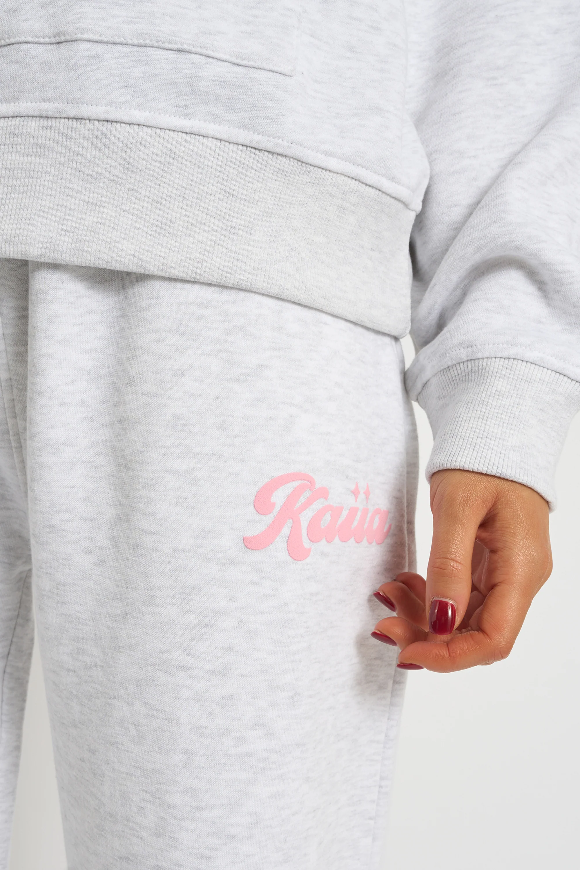 Kaiia Bubble Script Bow Detail Wide Leg Joggers Grey Marl & Pink - Image 4