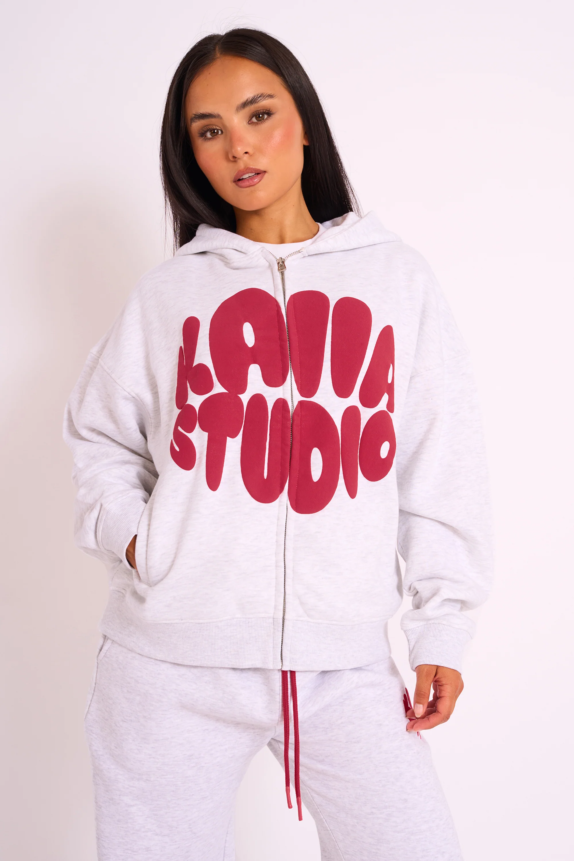 Kaiia Studio Bubble Logo Zip Up Hoodie Grey Marl & Red - Image 3