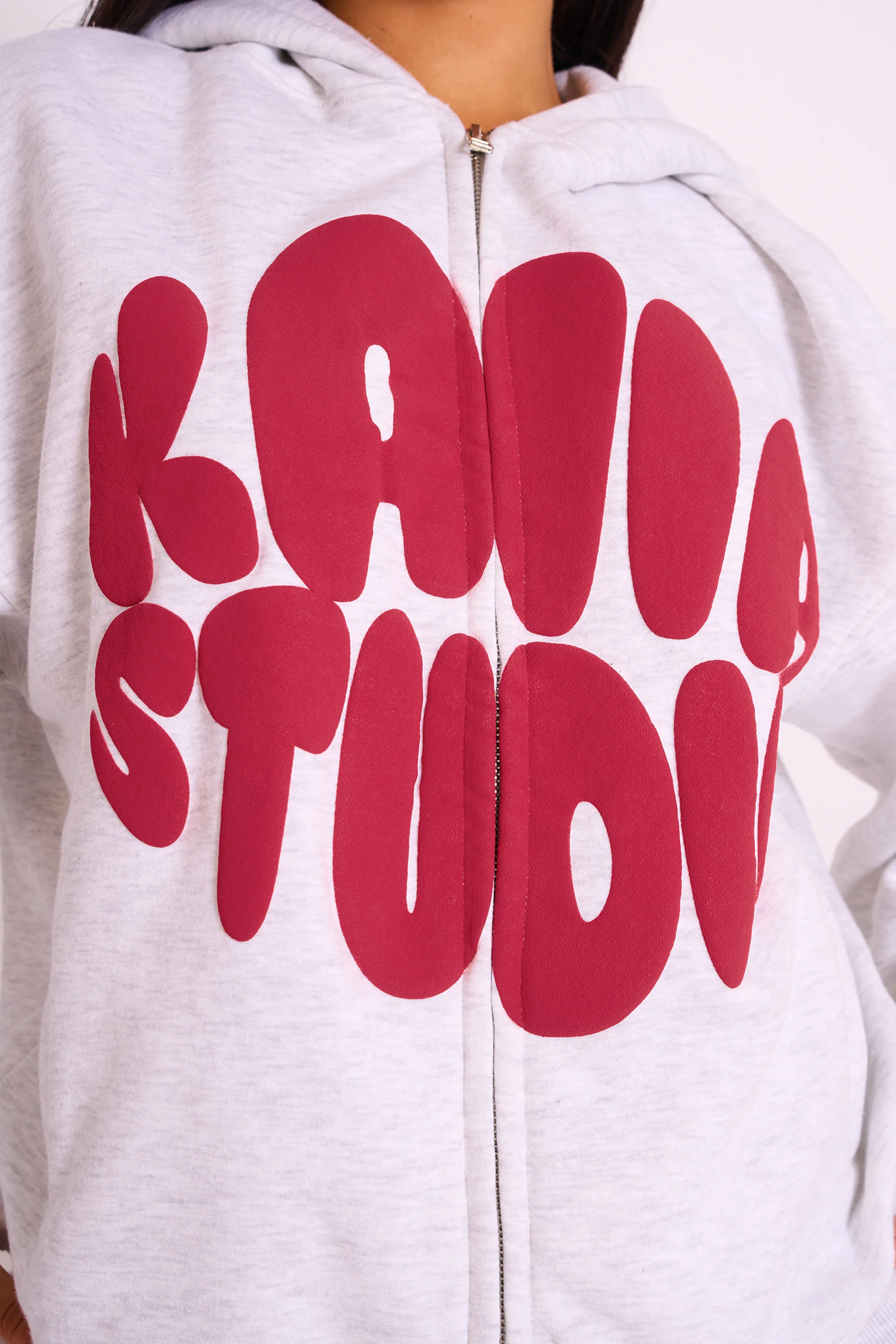 Kaiia Studio Bubble Logo Zip Up Hoodie Grey Marl & Red - Image 4