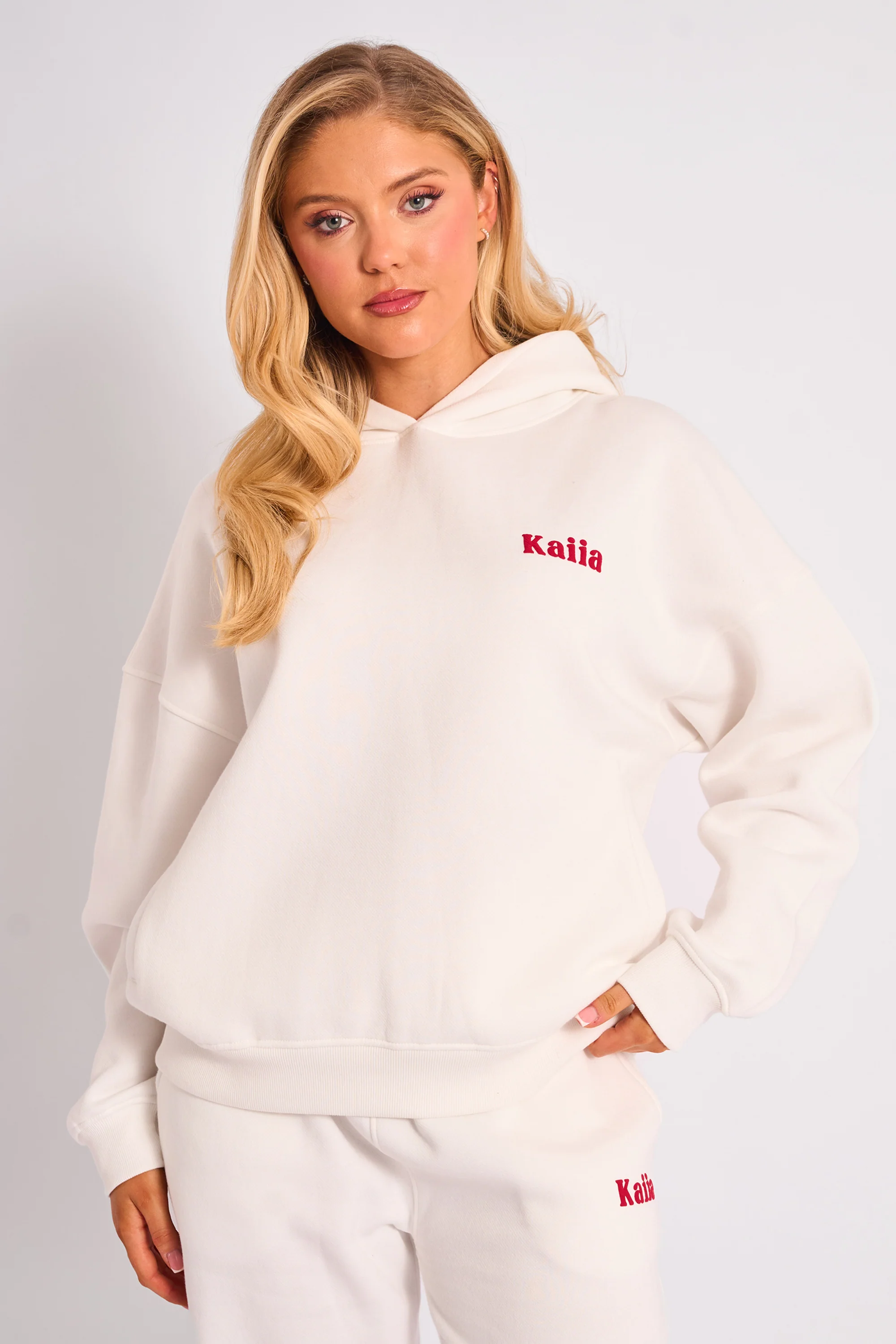 Kaiia Studio Cherry Graphic Oversized Hoodie Cream & Red - Image 2