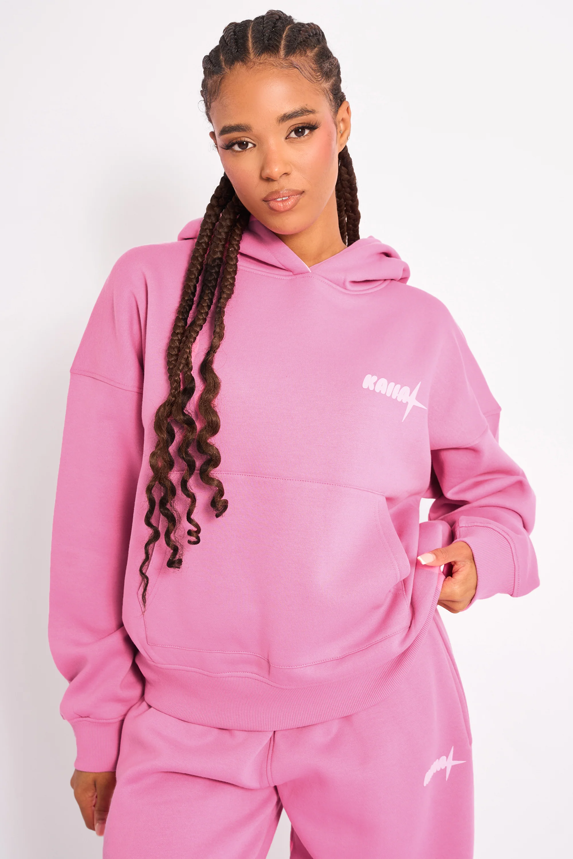 Kaiia Star Contrast Hood Oversized Hoodie Pink