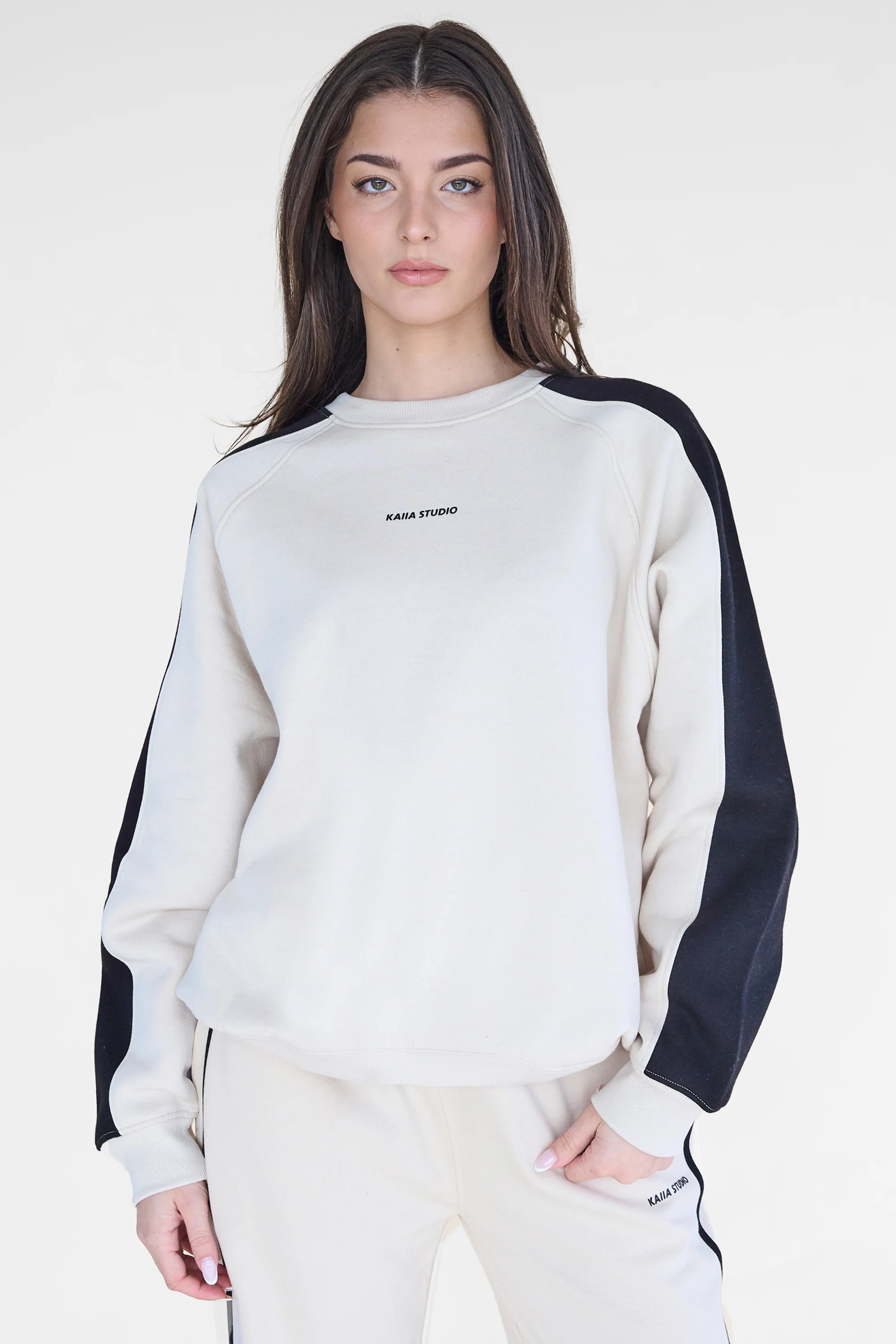 Kaiia Studio Contrast Panel Oversized Sweatshirt Stone & Black - Image 7