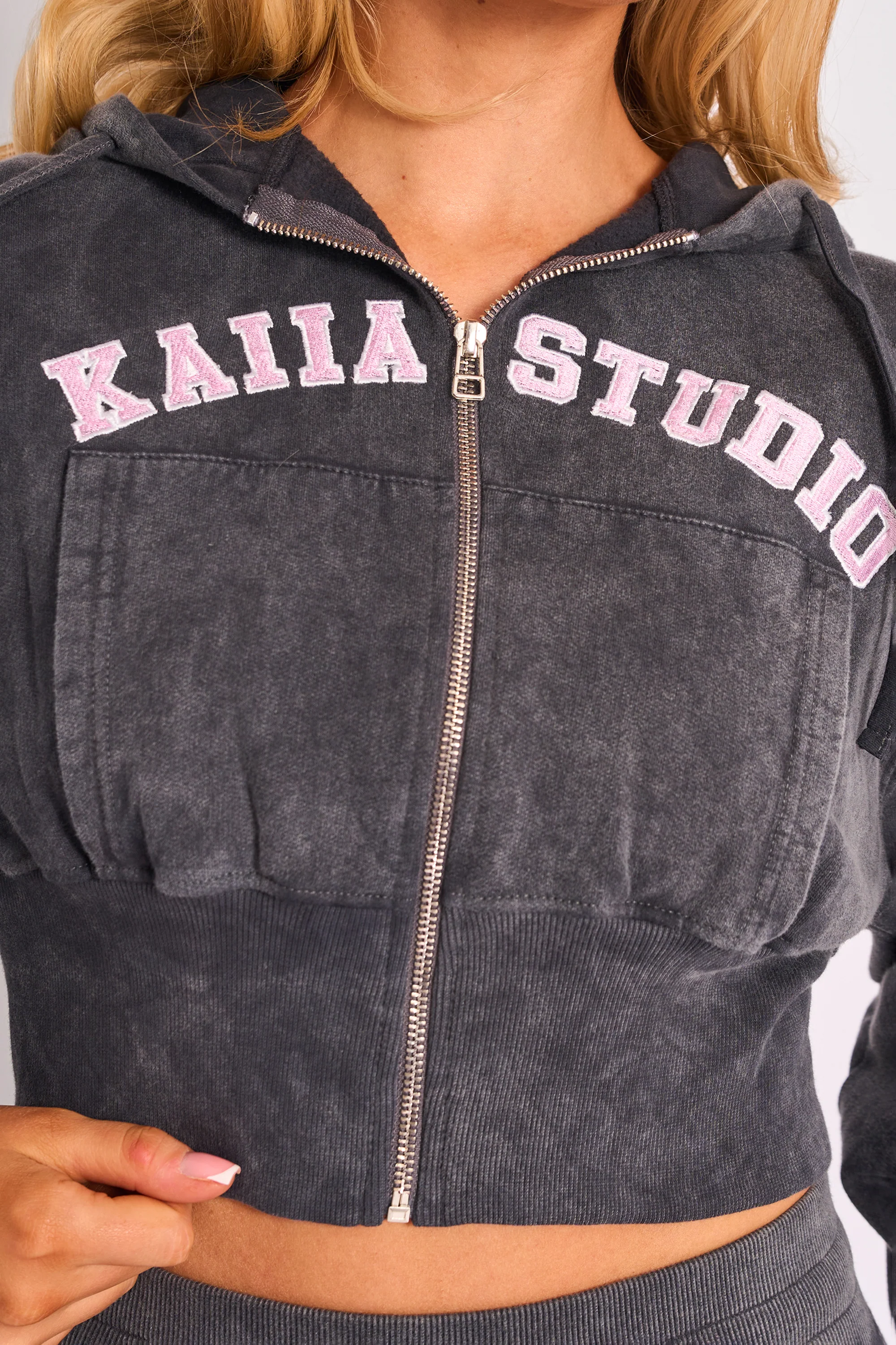 Kaiia Studio Cropped Zip Up Hoodie Dark Grey Wash & Pink - Image 2