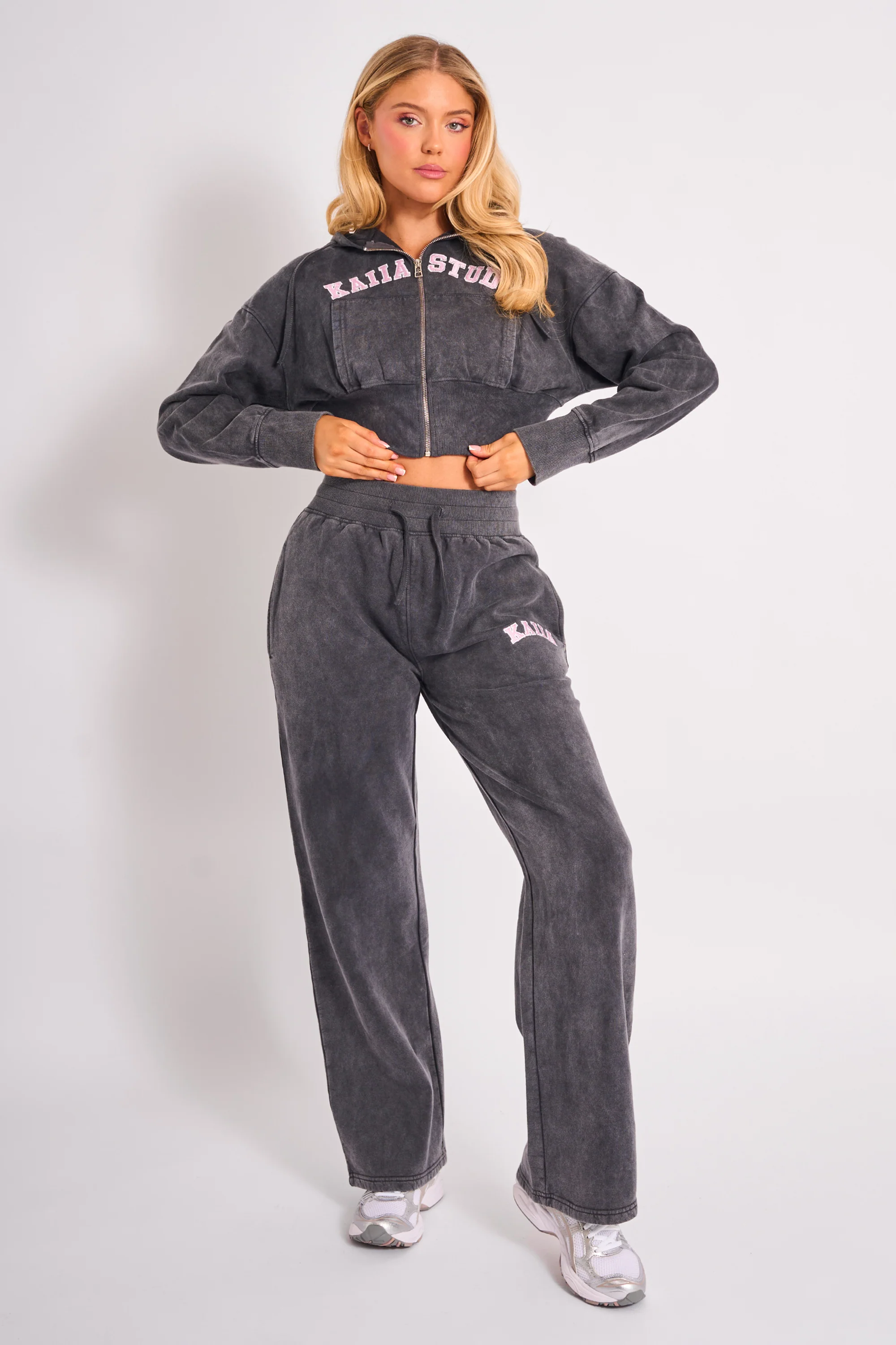 Kaiia Studio Cropped Zip Up Hoodie Dark Grey Wash & Pink - Image 4