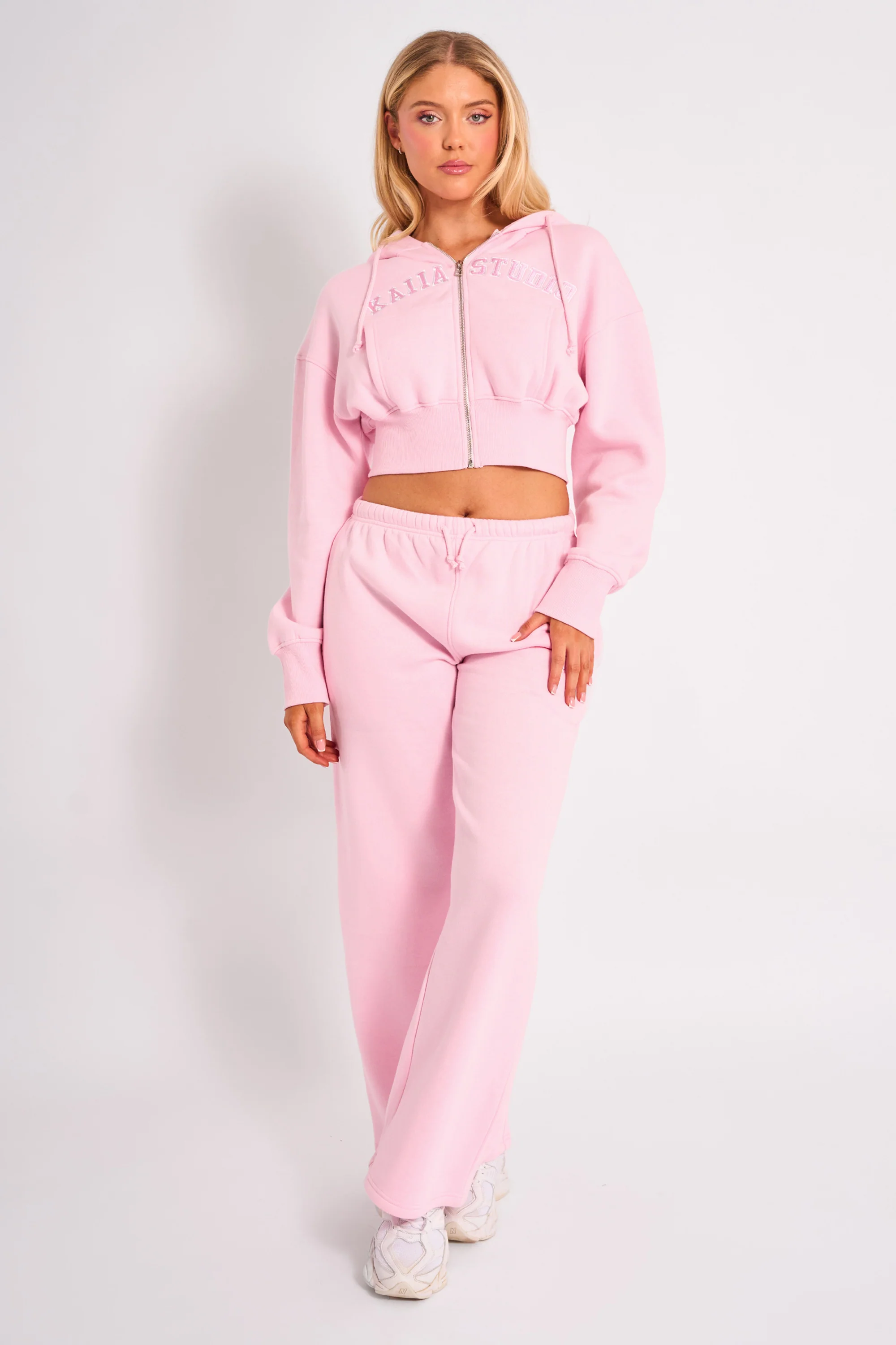 Kaiia Studio Logo Cropped Zip Up Hoodie Light Pink - Image 3