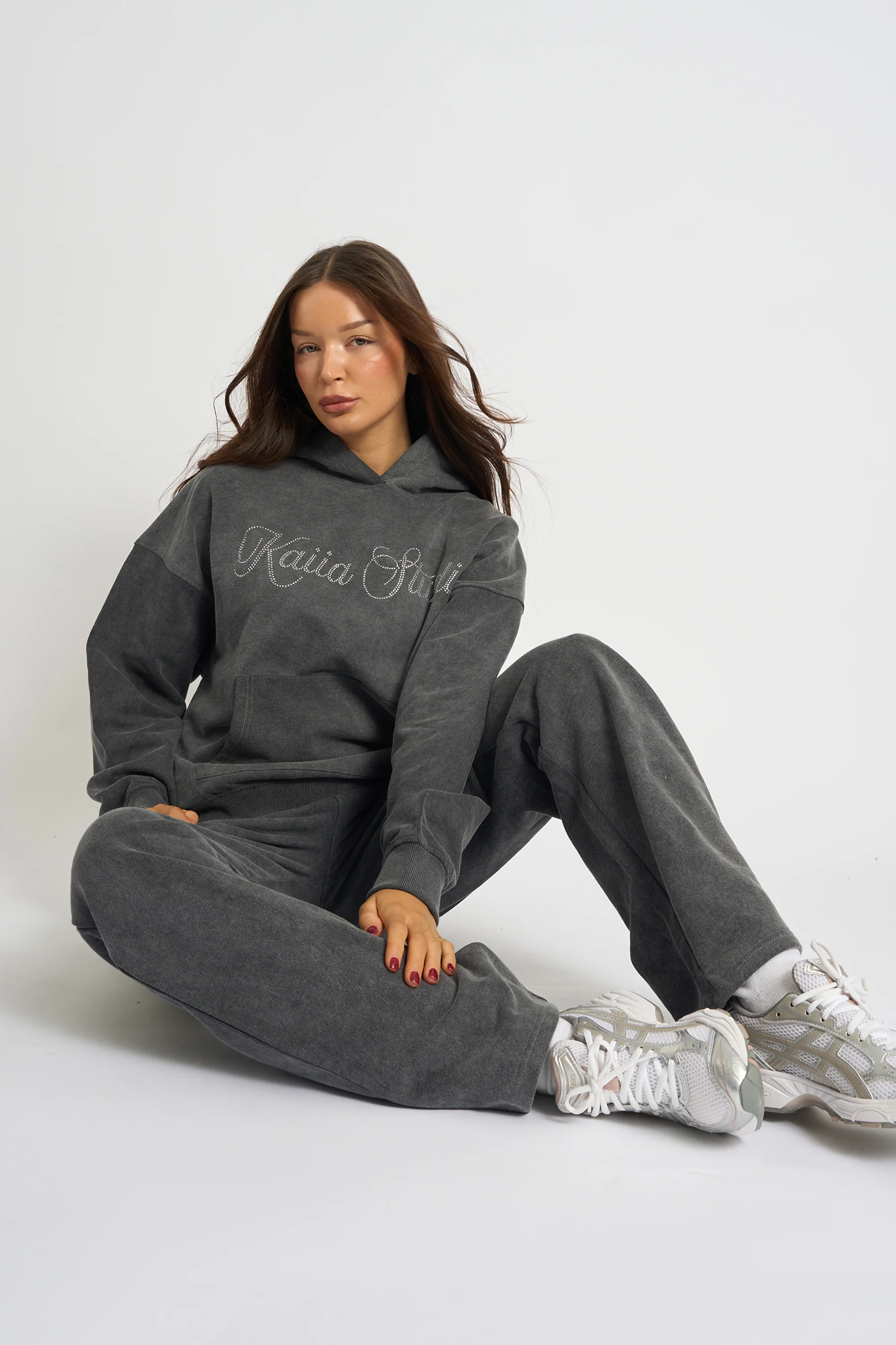 Kaiia Studio Diamante Embellished Acid Wash Oversized Hoodie Dark Grey - Image 4