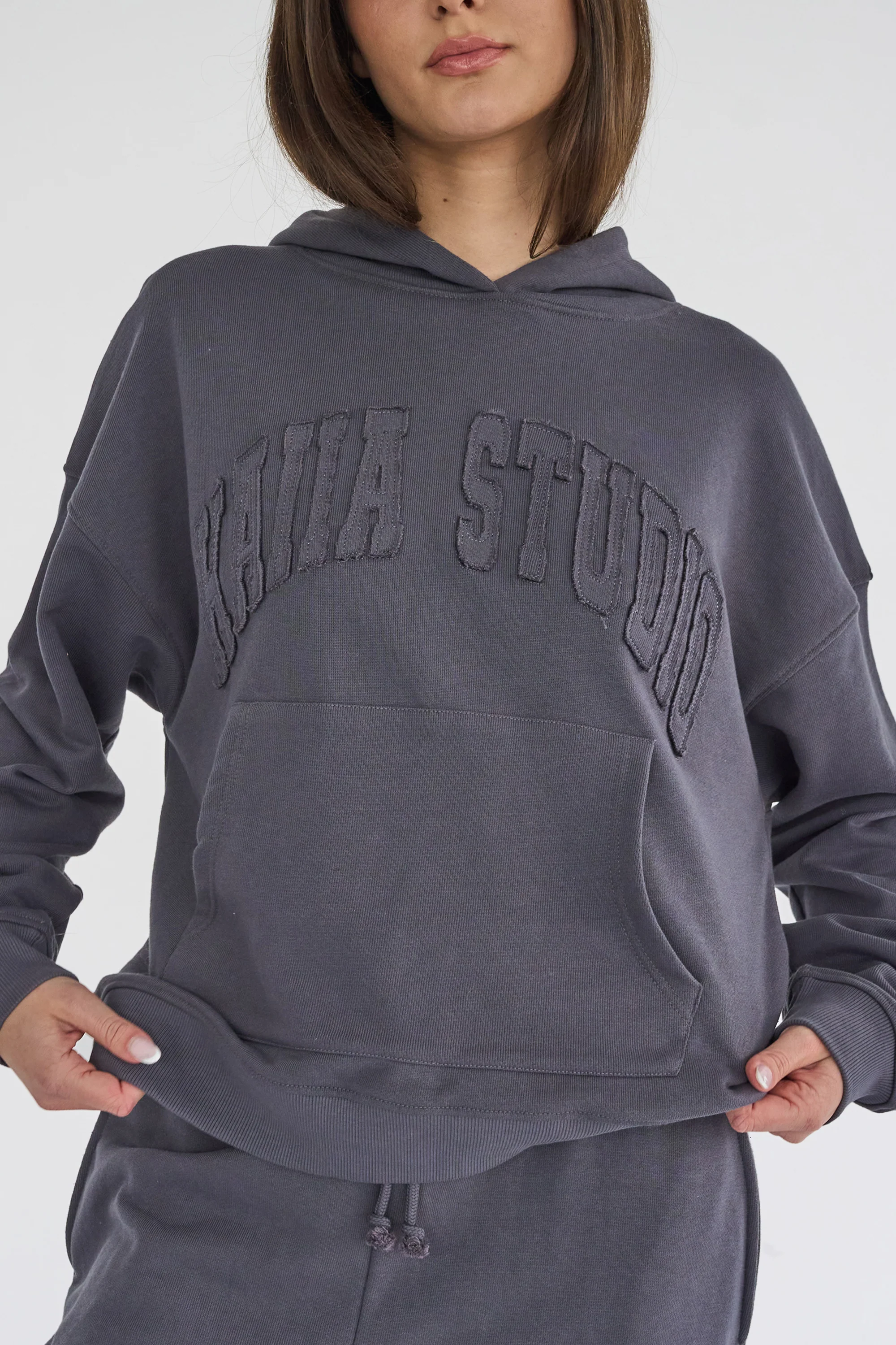Kaiia Studio Distressed Applique Hoodie Dark Grey - Image 2