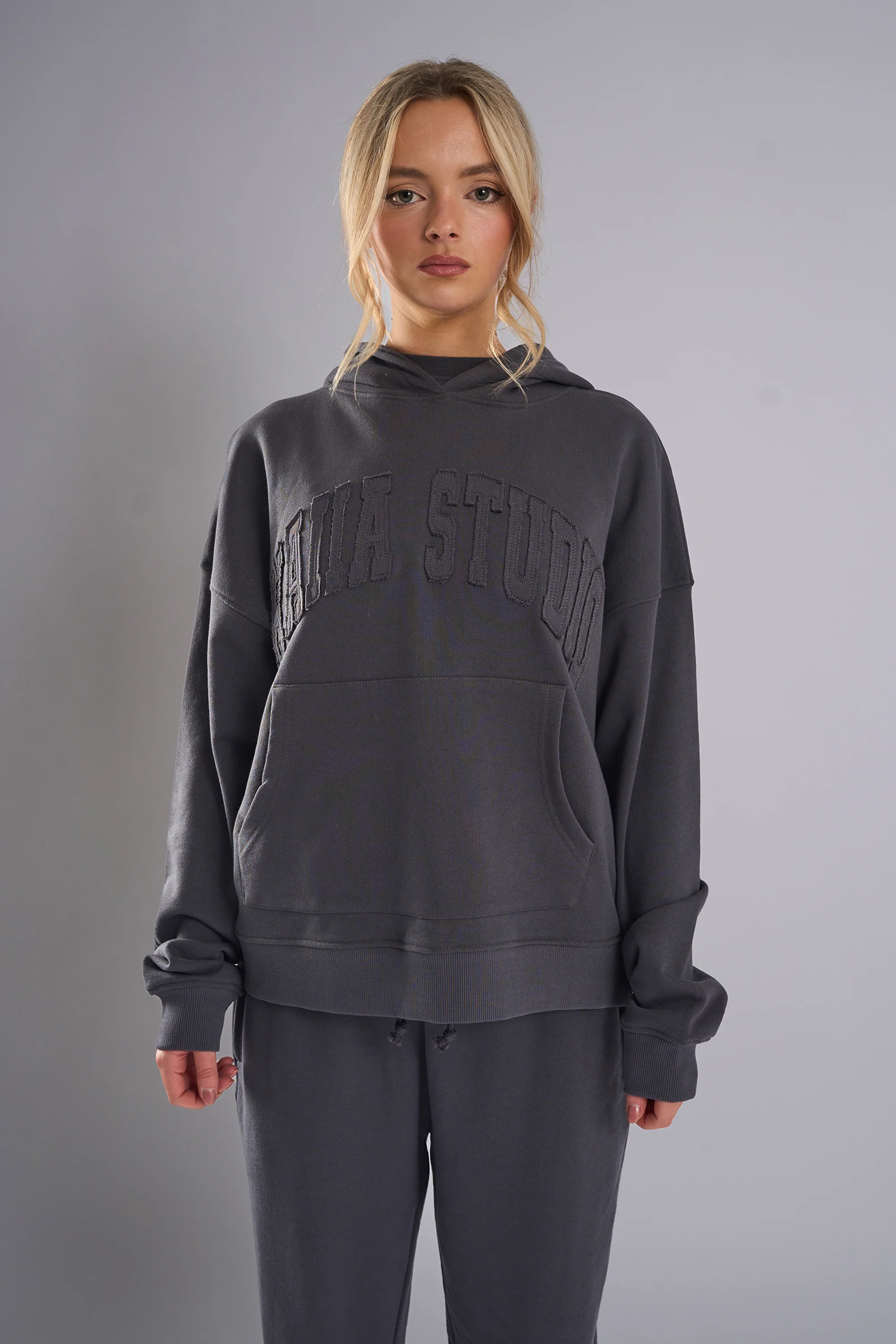 Kaiia Studio Distressed Applique Hoodie Dark Grey - Image 5