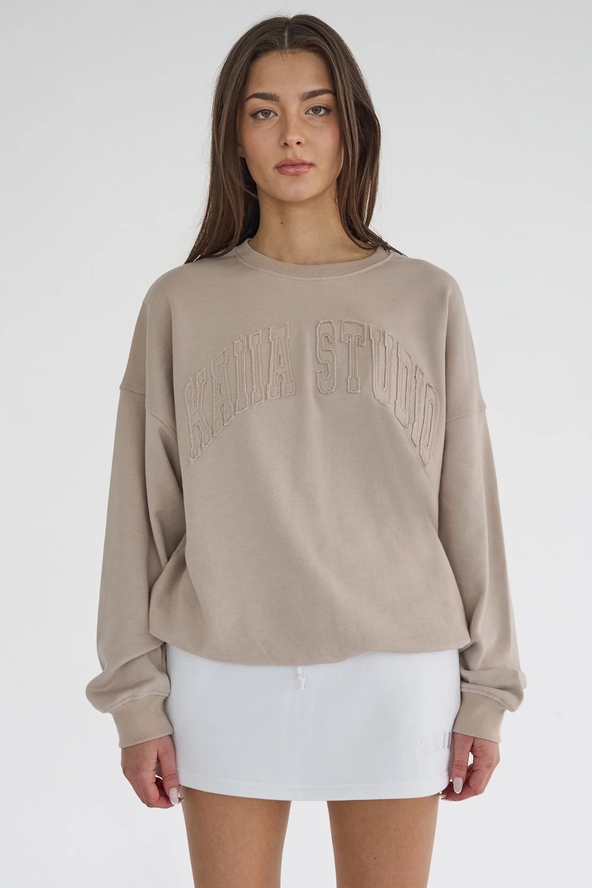 Kaiia Studio Distressed Applique Sweatshirt Stone