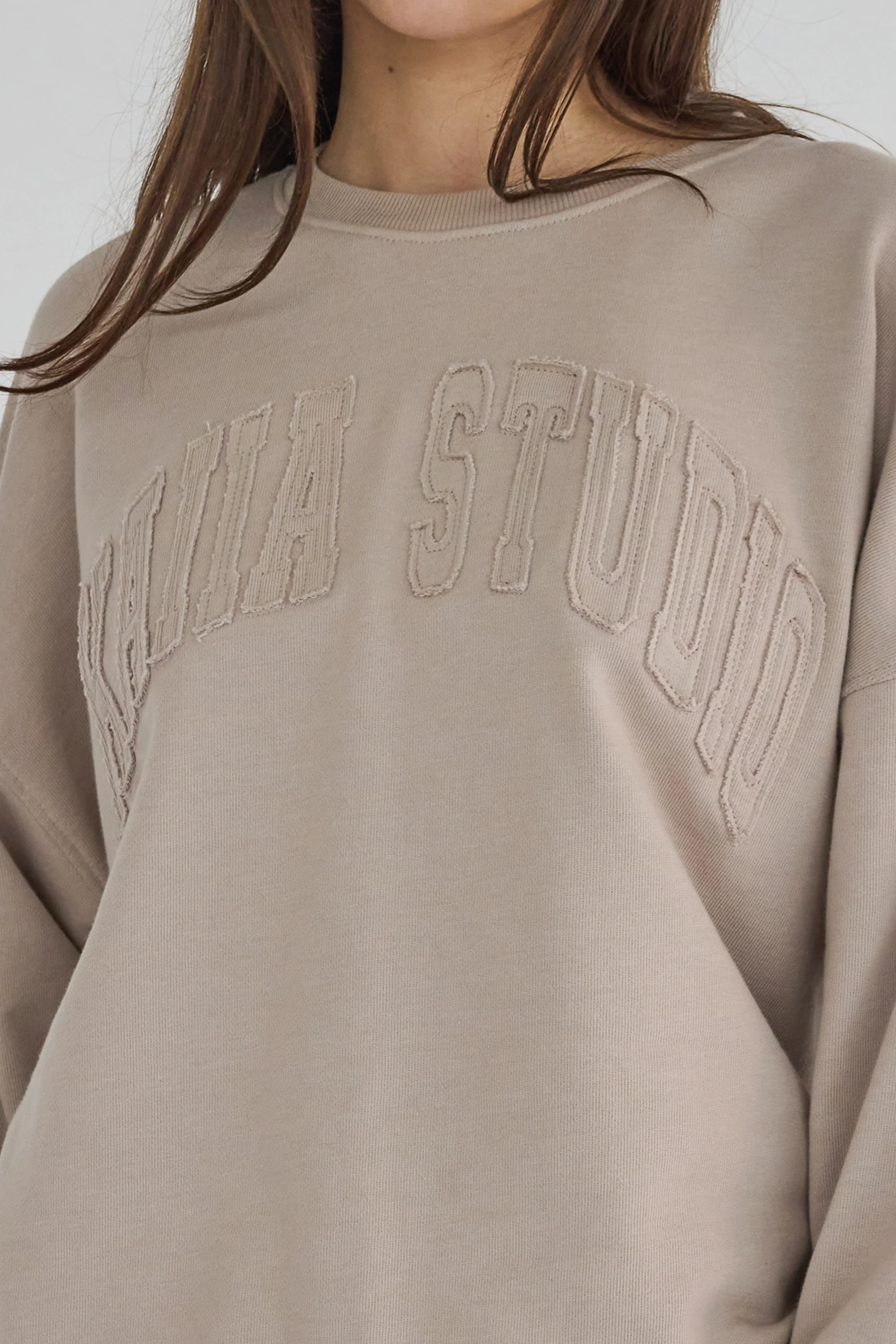 Kaiia Studio Distressed Applique Sweatshirt Stone - Image 4