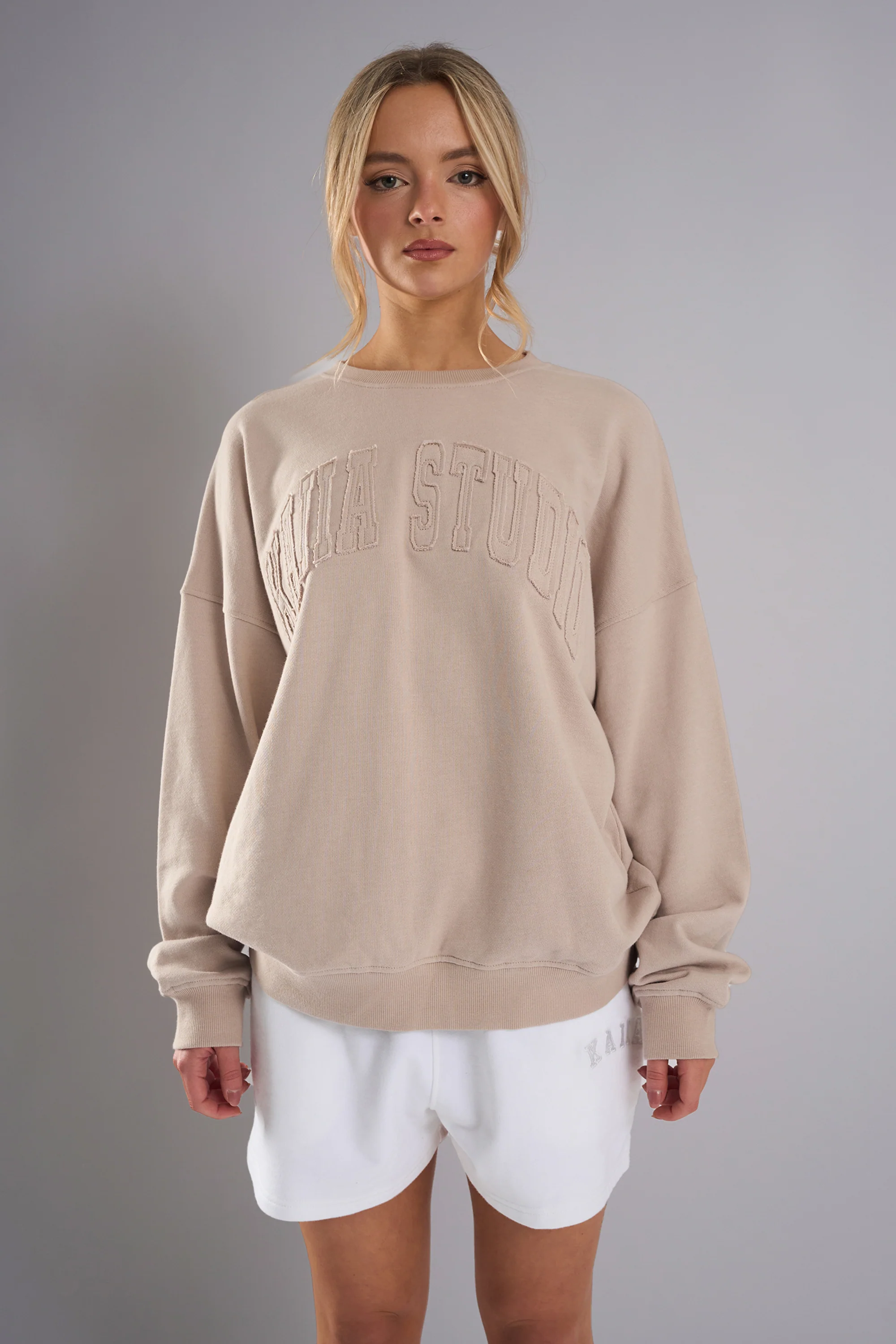 Kaiia Studio Distressed Applique Sweatshirt Stone - Image 5
