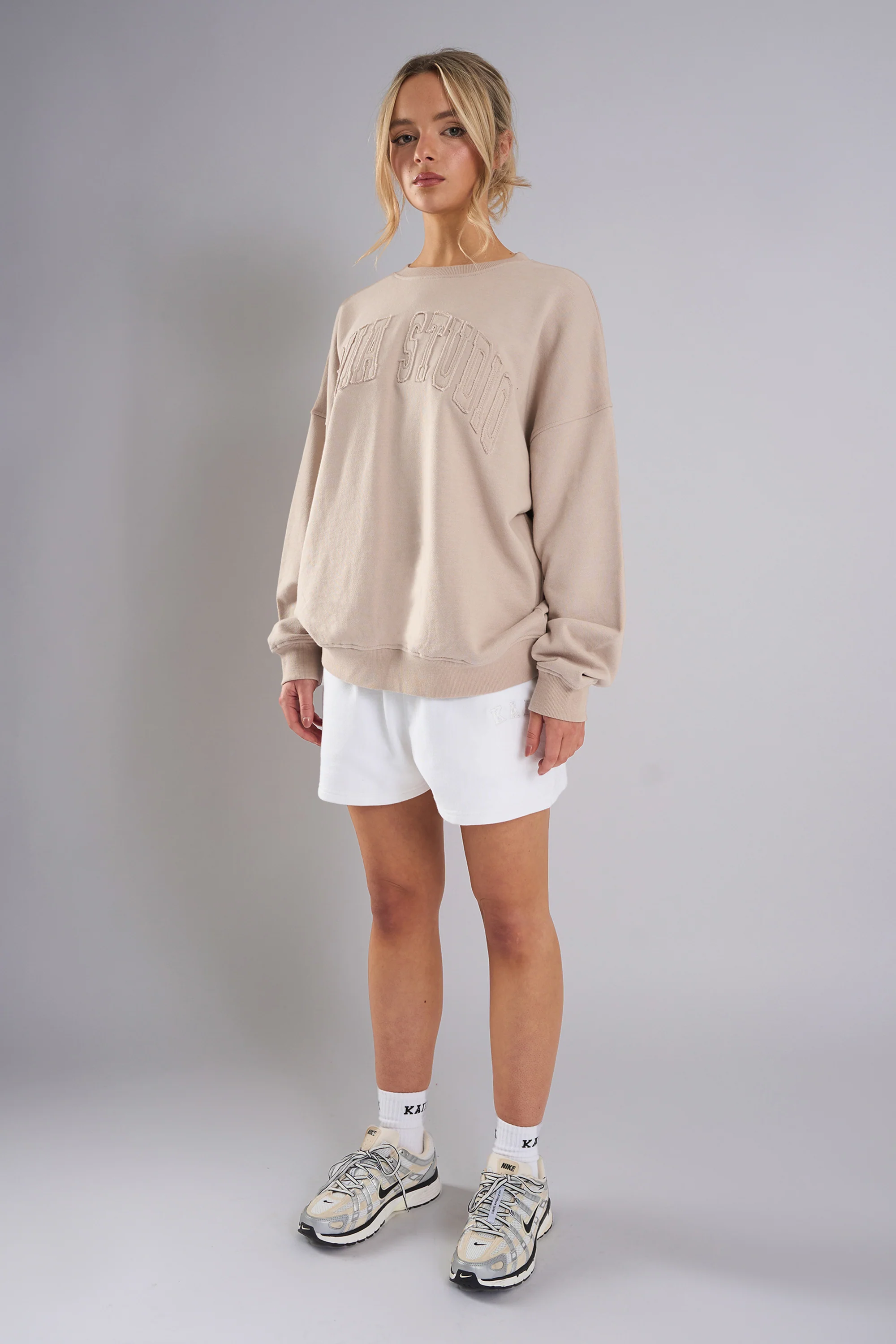 Kaiia Studio Distressed Applique Sweatshirt Stone - Image 7