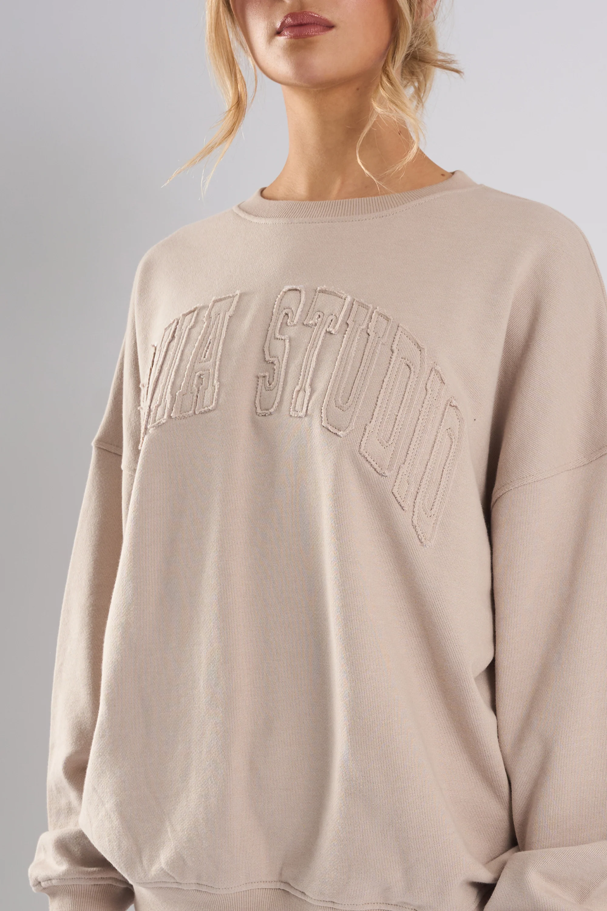 Kaiia Studio Distressed Applique Sweatshirt Stone - Image 8