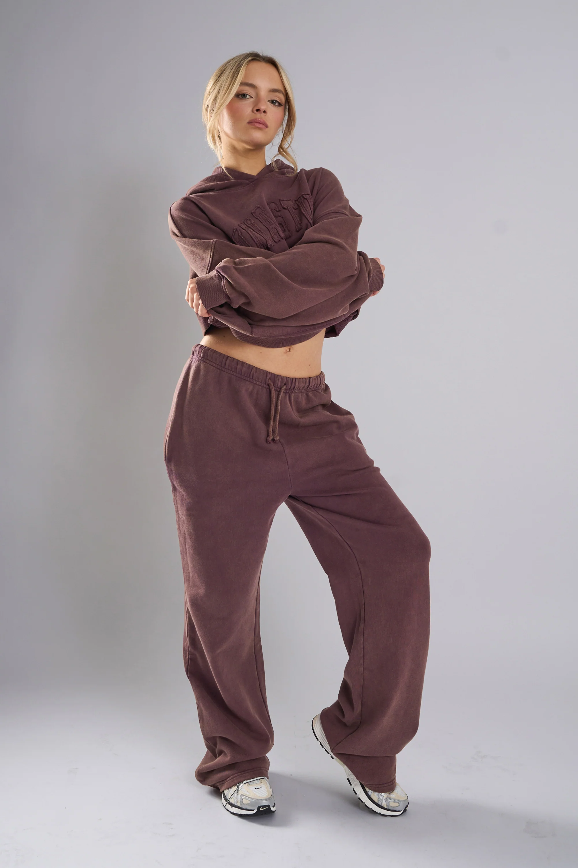Kaiia Studio Distressed Applique Wide Leg Sweat Pants Plum - Image 5