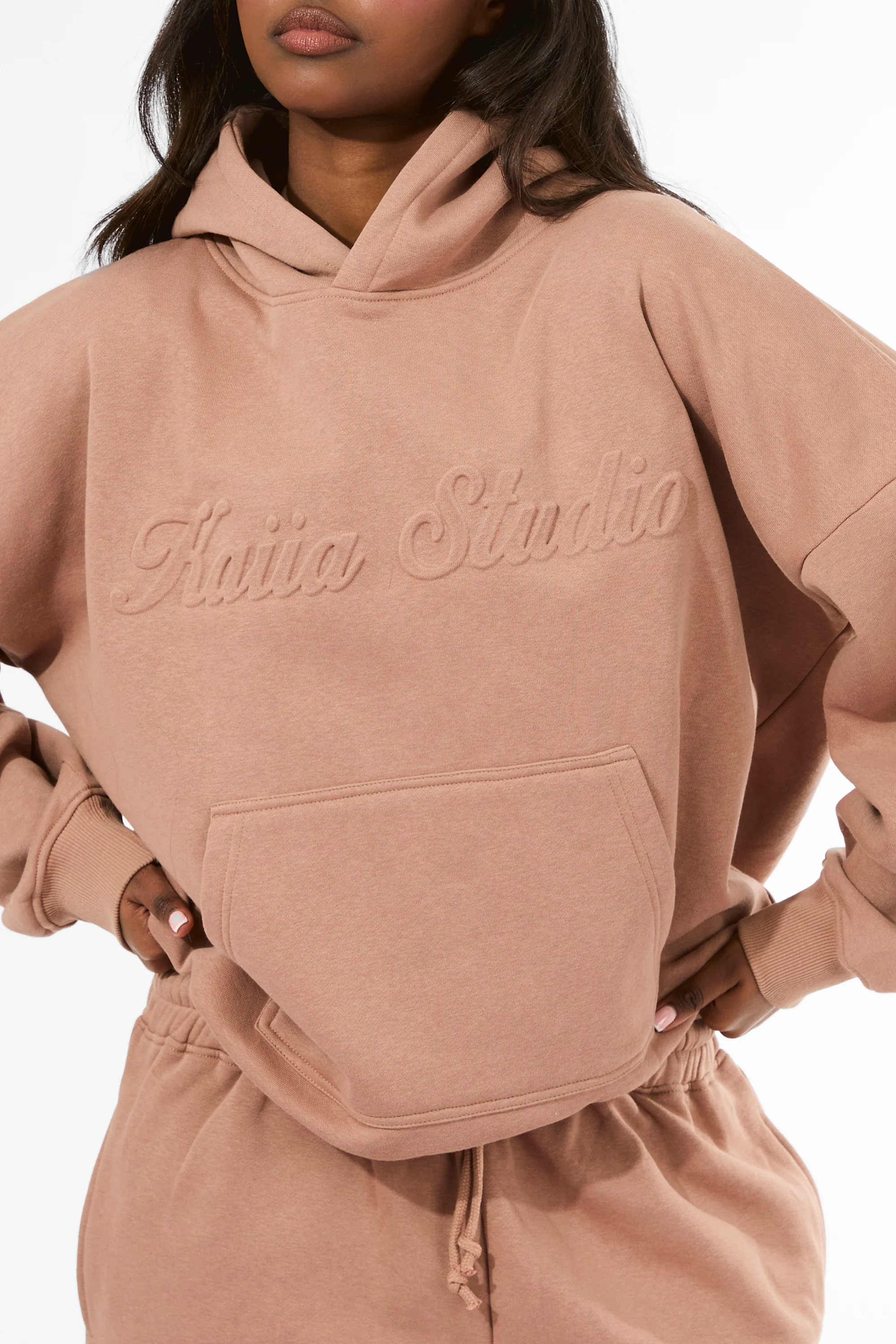 Kaiia Studio Embossed Script Logo Oversized Hoodie Milk Chocolate - Image 2