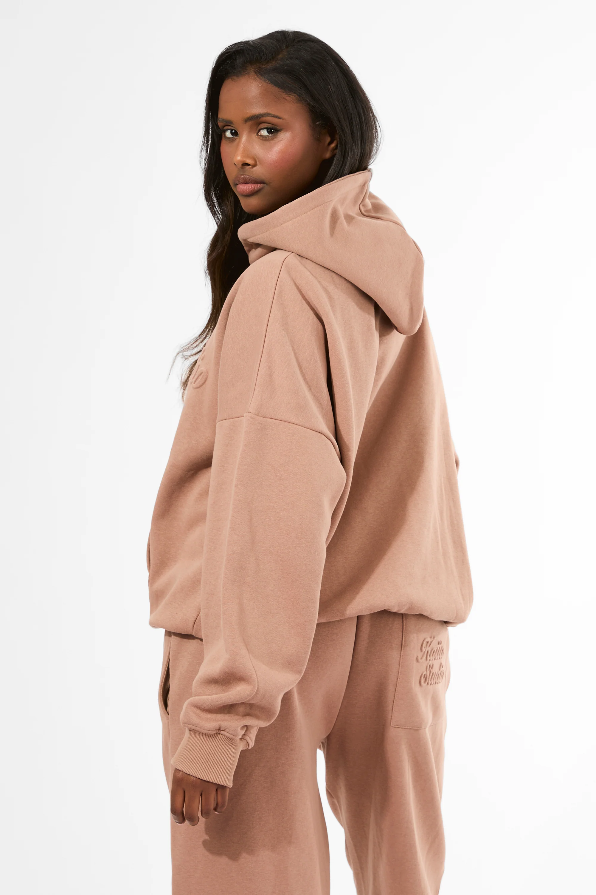 Kaiia Studio Embossed Script Logo Oversized Hoodie Milk Chocolate - Image 3