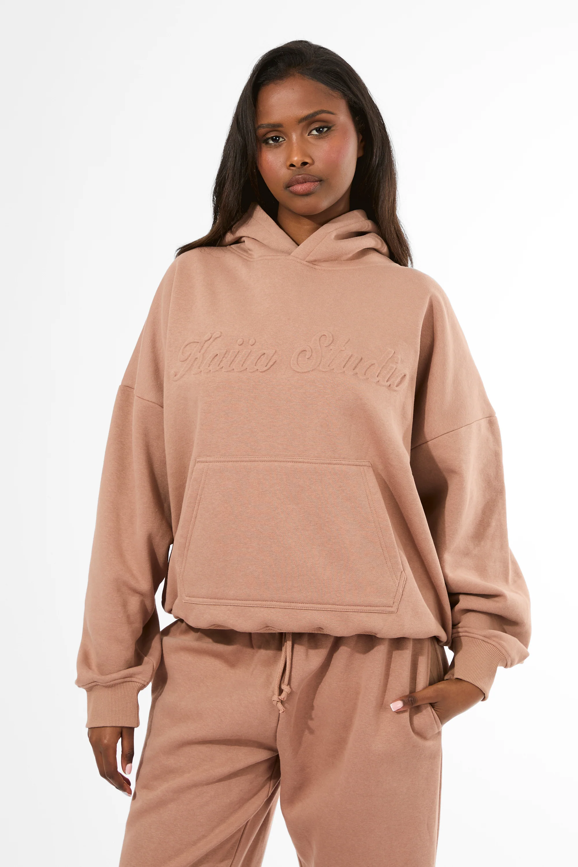 Kaiia Studio Embossed Script Logo Oversized Hoodie Milk Chocolate - Image 4