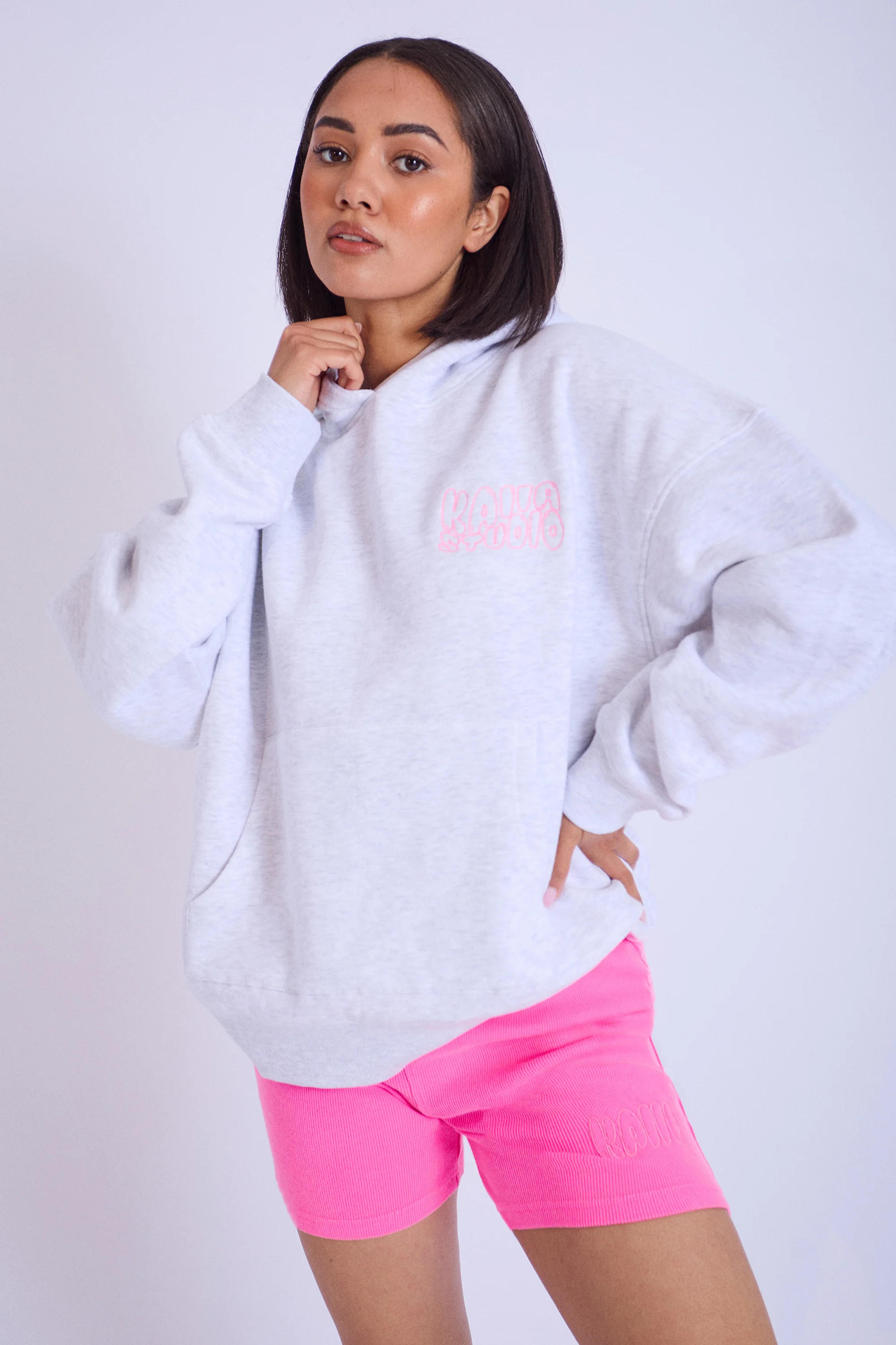 Kaiia Studio Embroidered Bubble Logo Oversized Hoodie Grey Marl & Pink - Image 2