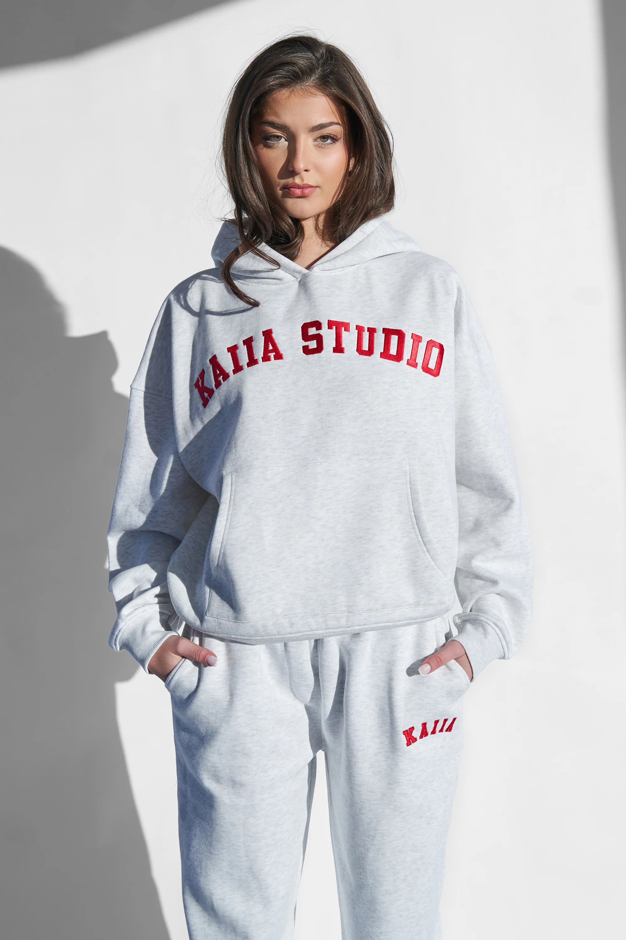 Kaiia Studio Oversized Hoodie Light Grey Marl & Red - Image 6