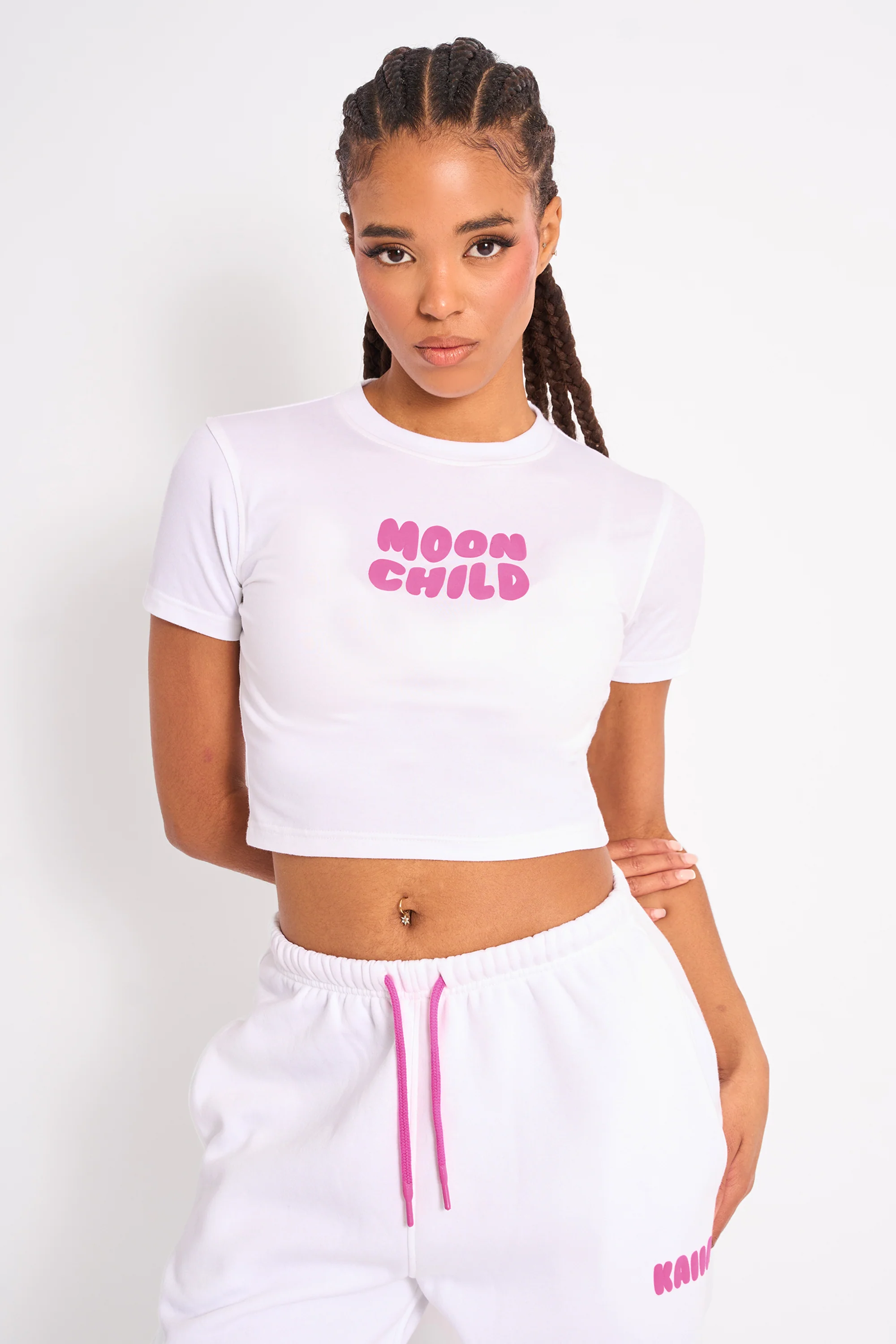 Kaiia Graphic Baby Tee White & Hot Pink