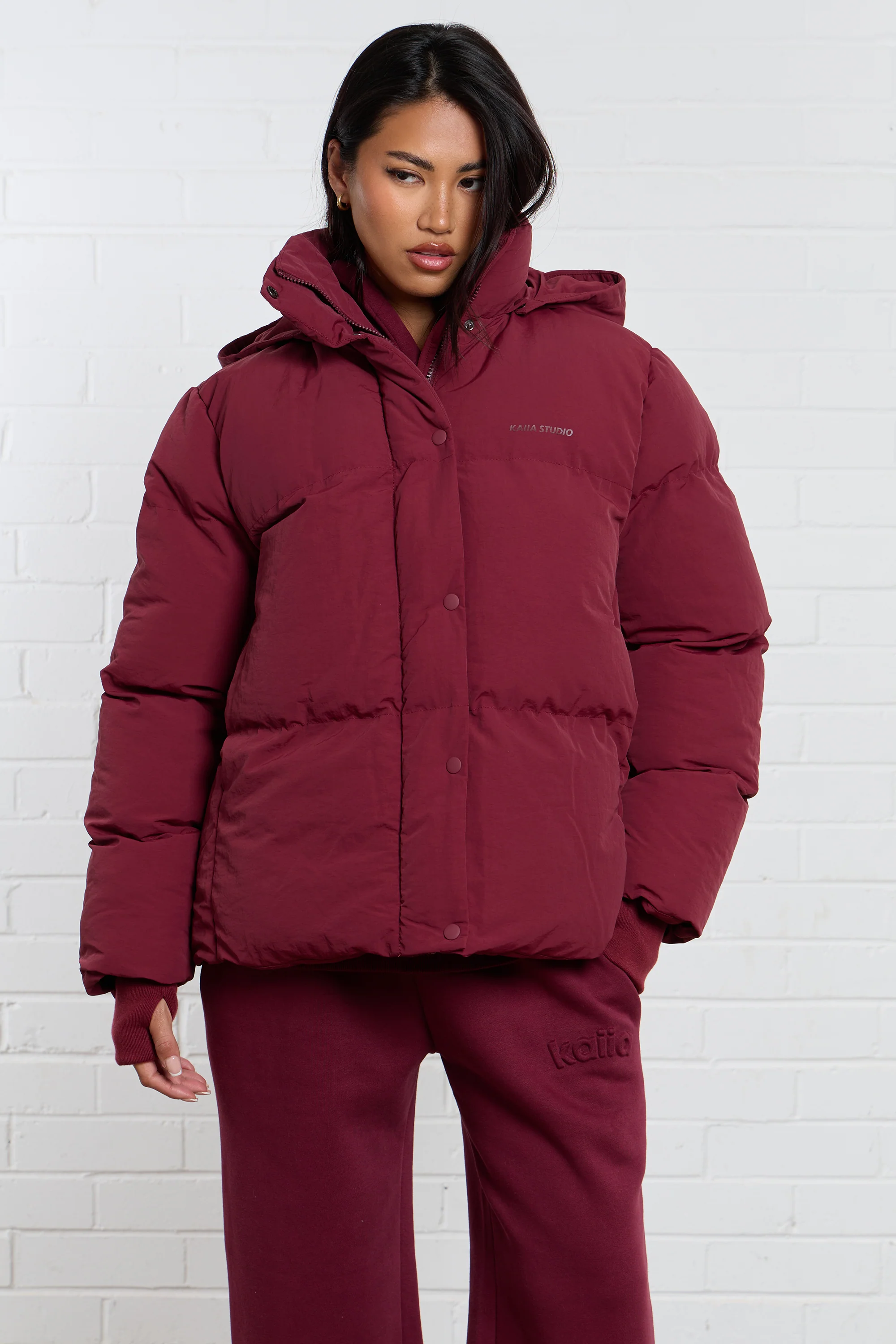 Kaiia Studio Logo Oversized Puffer Coat Burgundy - Image 2