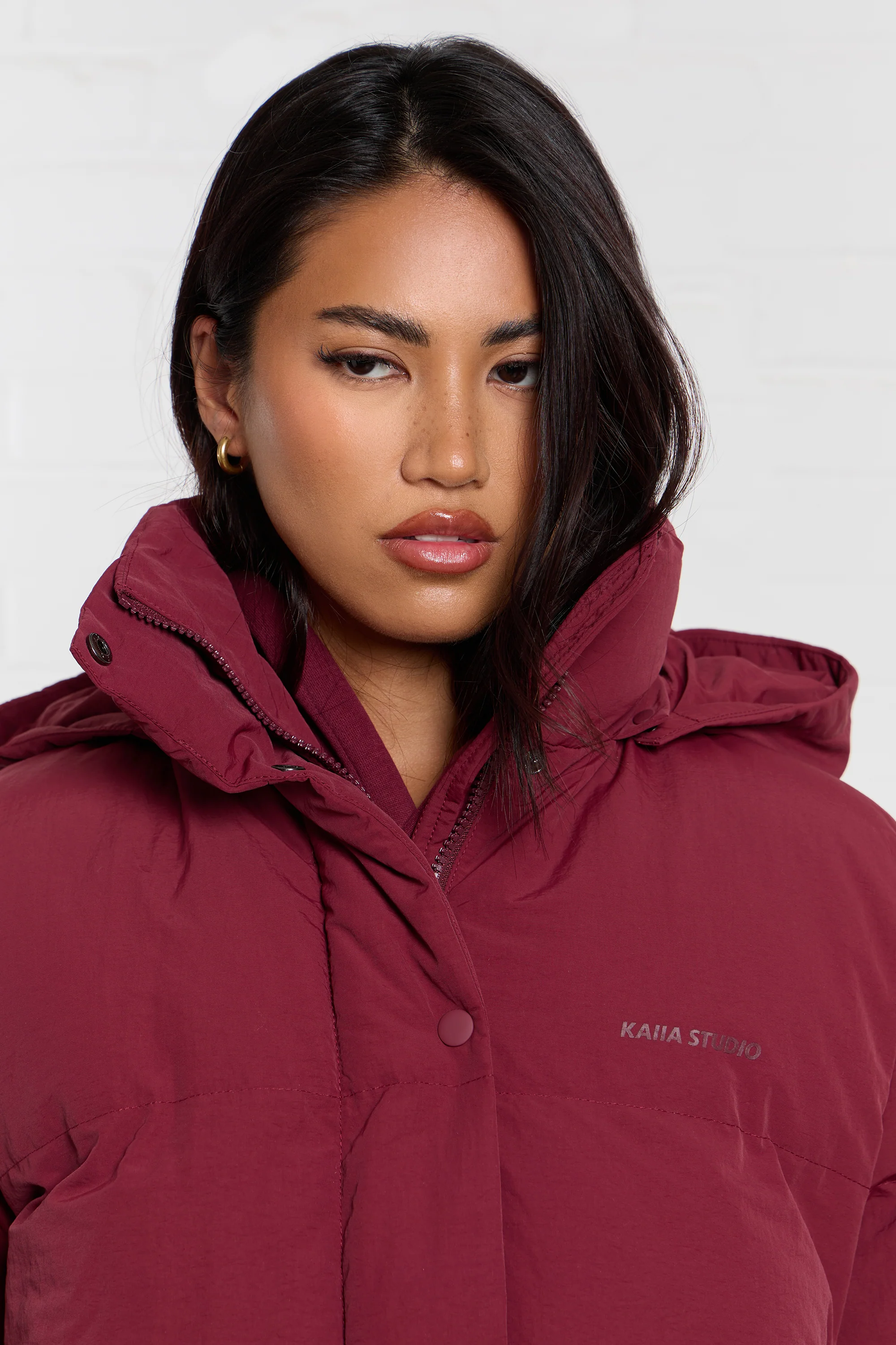 Kaiia Studio Logo Oversized Puffer Coat Burgundy - Image 3