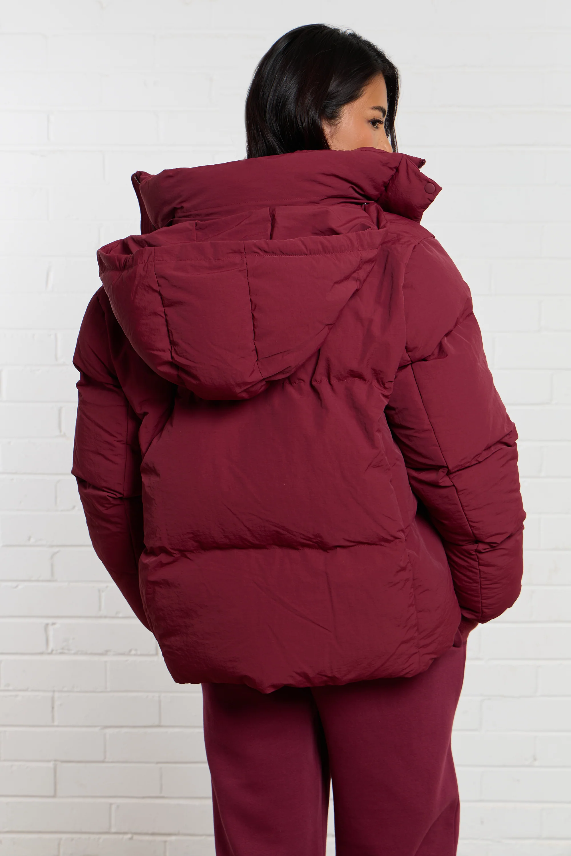 Kaiia Studio Logo Oversized Puffer Coat Burgundy - Image 5