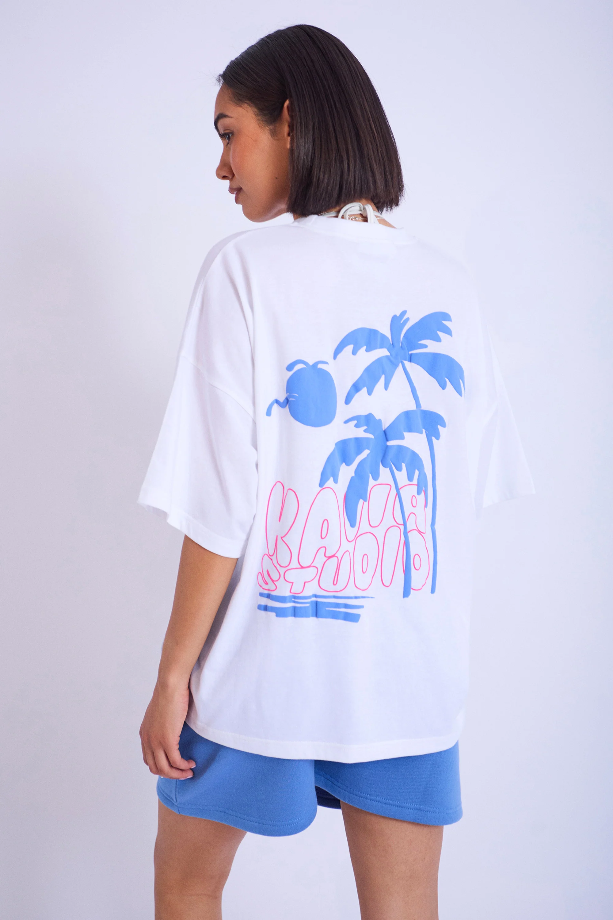 Kaiia Studio Palm Tree Bubble Logo Oversized T-shirt White & Blue - Image 2