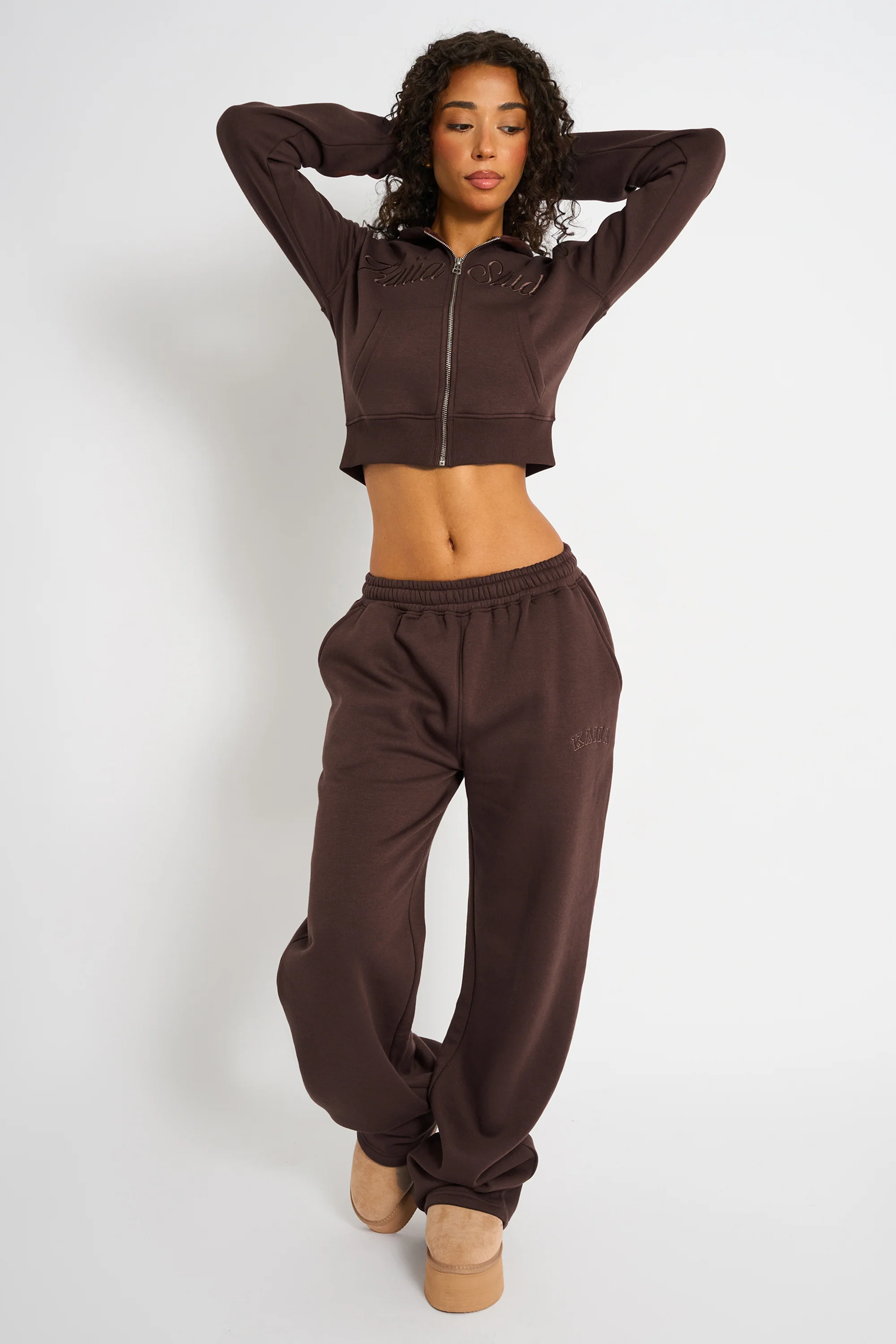 Kaiia Studio Script Logo Cropped Zip Up Hoodie Mocha - Image 3