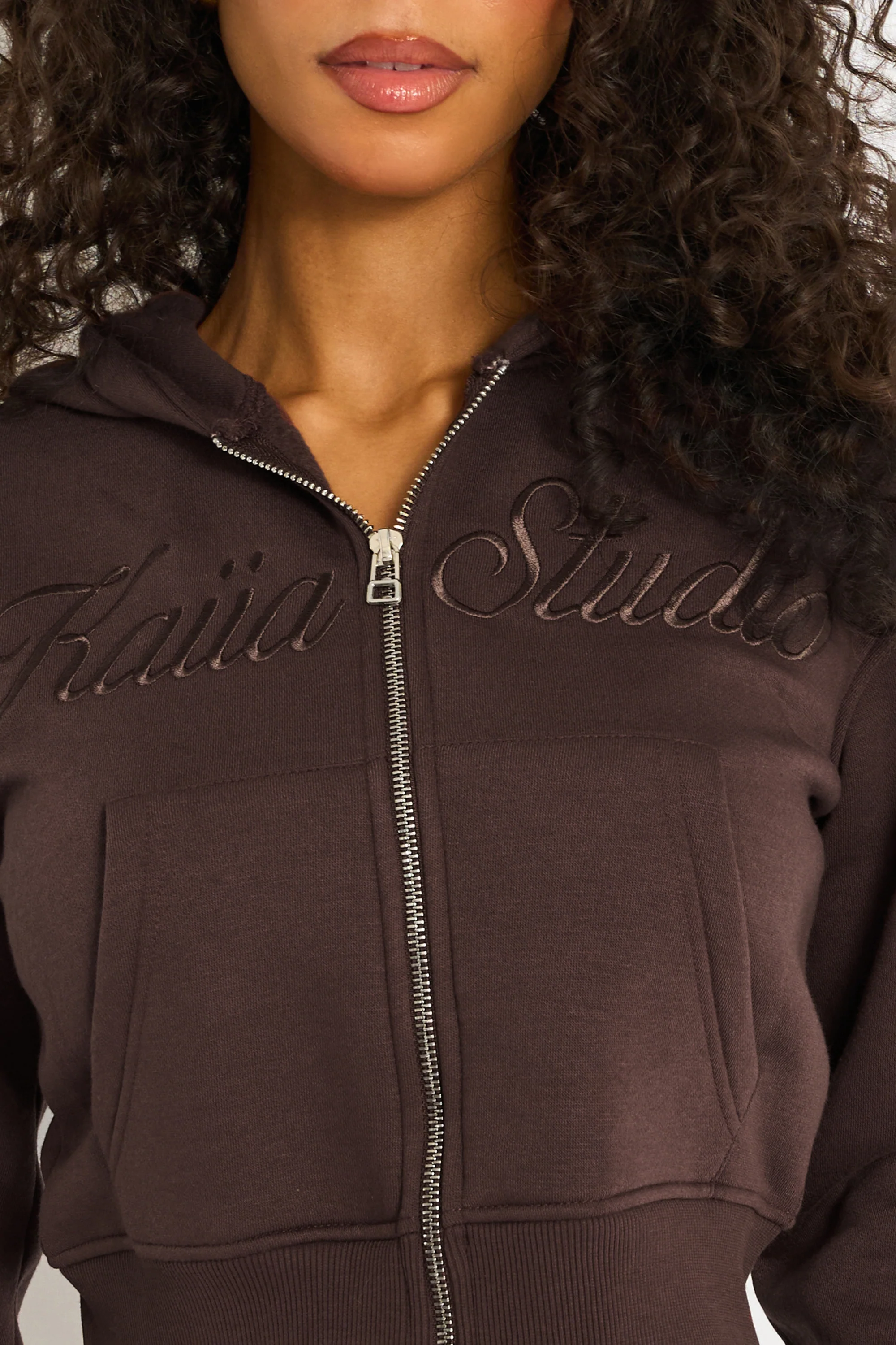 Kaiia Studio Script Logo Cropped Zip Up Hoodie Mocha - Image 4
