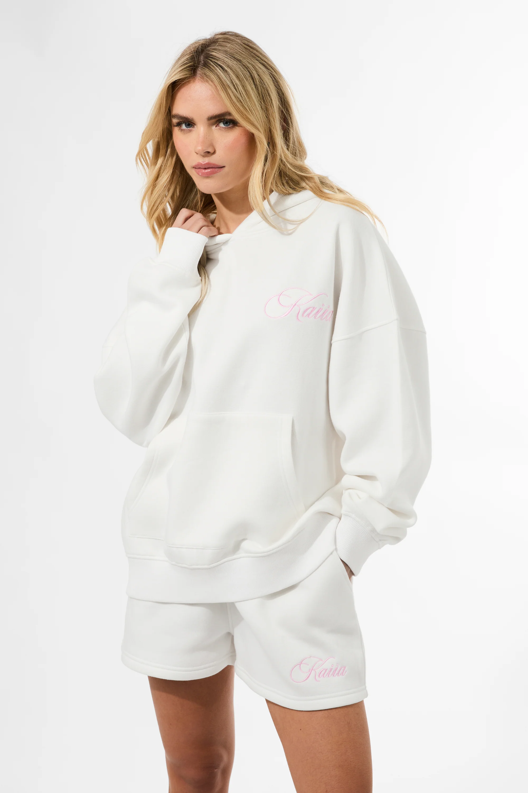 Kaiia Studio Script Logo Oversized Hoodie White & Pink - Image 5