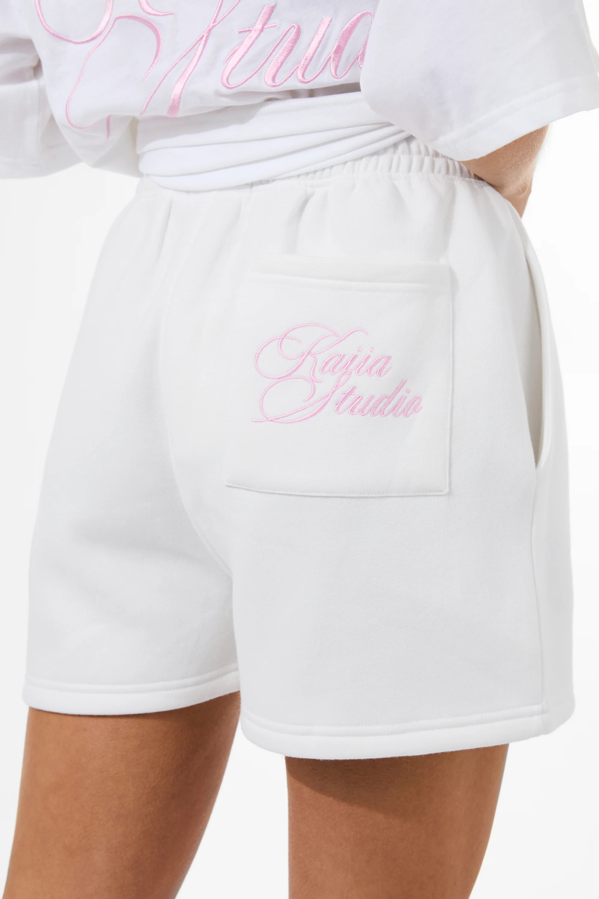 Kaiia Studio Script Logo Sweat Shorts White & Pink - Image 3